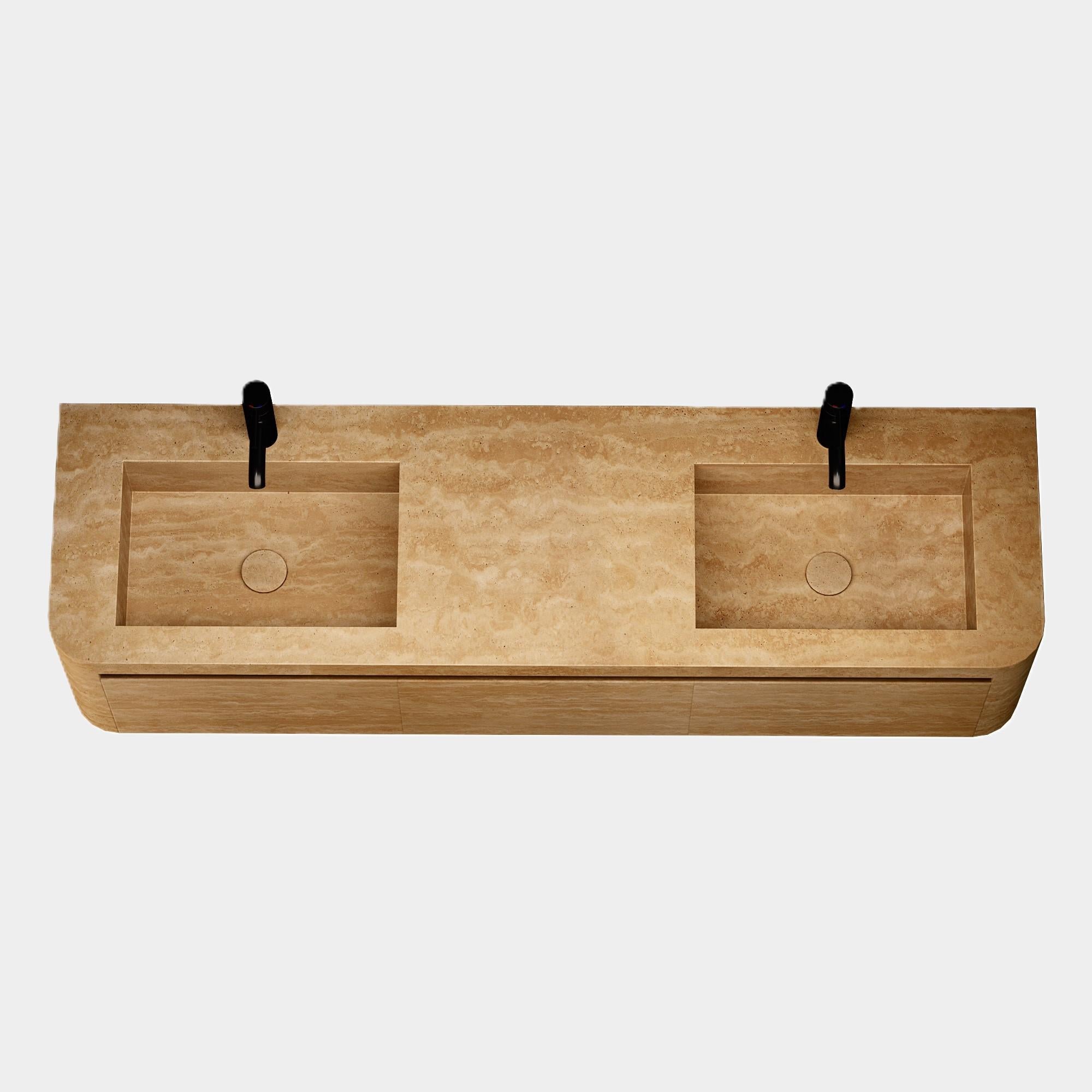 Lyke - Wandschminktisch mit doppeltem Basin für das Badezimmer - Beigefarbenes Travertin (Handgefertigt) im Angebot