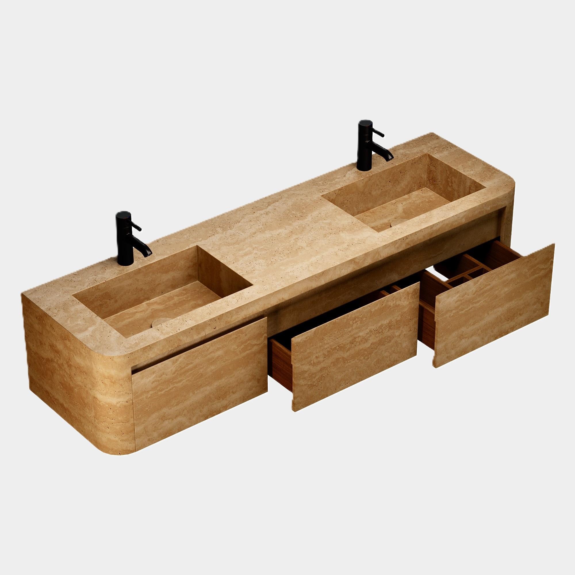 Lyke - Wandschminktisch mit doppeltem Basin für das Badezimmer - Beigefarbenes Travertin im Zustand „Neu“ im Angebot in Lisbon, PT