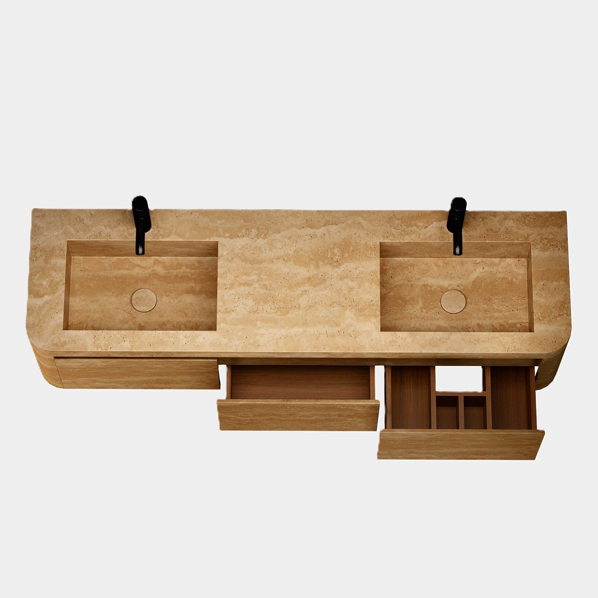 Lyke - Wandschminktisch mit doppeltem Basin für das Badezimmer - Beigefarbenes Travertin (Marmor) im Angebot