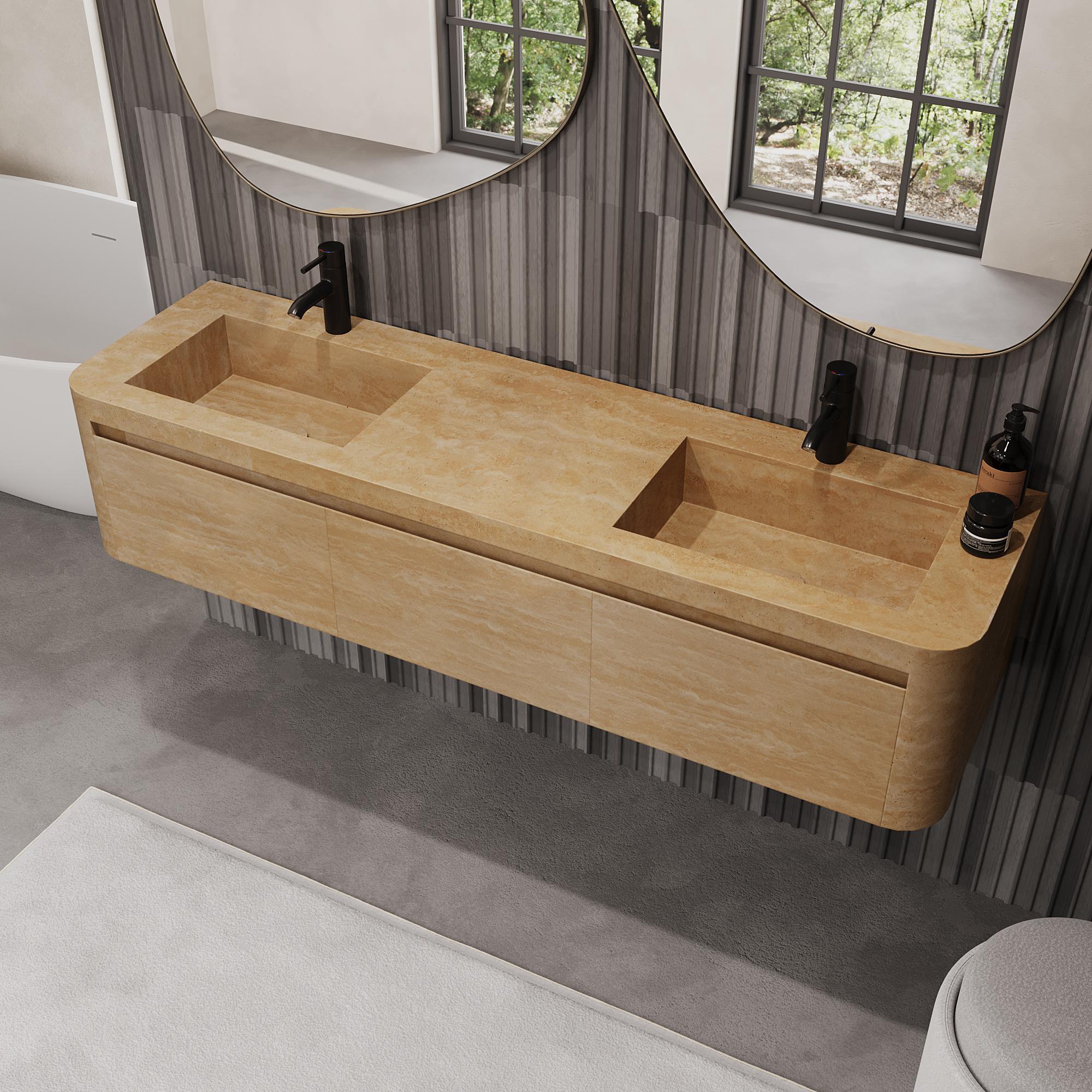 Lyke - Wandschminktisch mit doppeltem Basin für das Badezimmer - Beigefarbenes Travertin im Angebot 1
