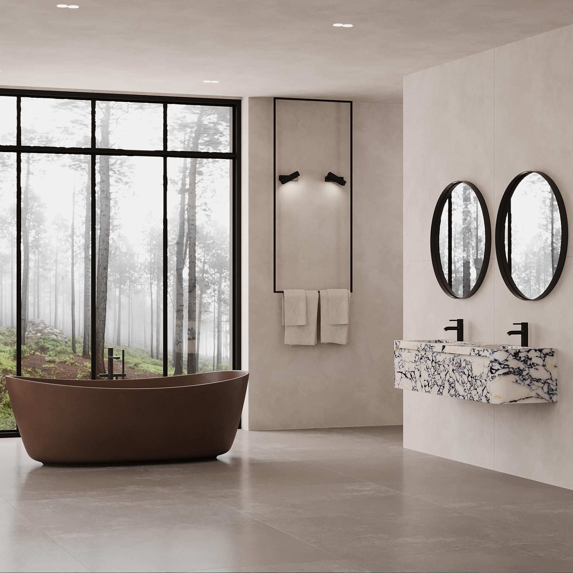 Coiffeuse de salle de bain à double bassin murale Lyke, Calacatta Viola en vente 2