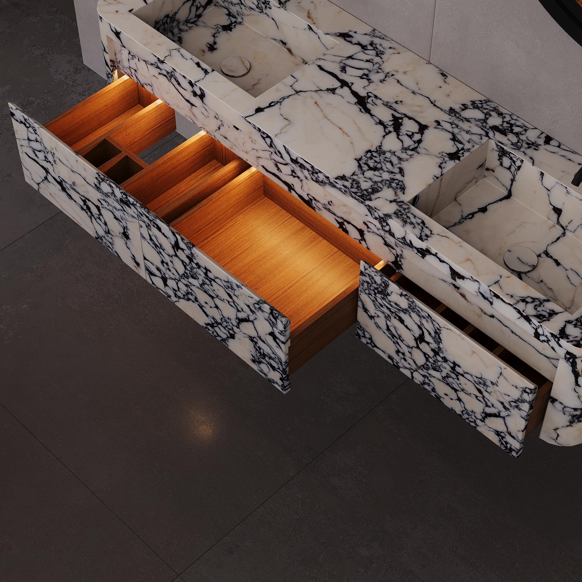 Coiffeuse de salle de bain à double bassin murale Lyke, Calacatta Viola en vente 3