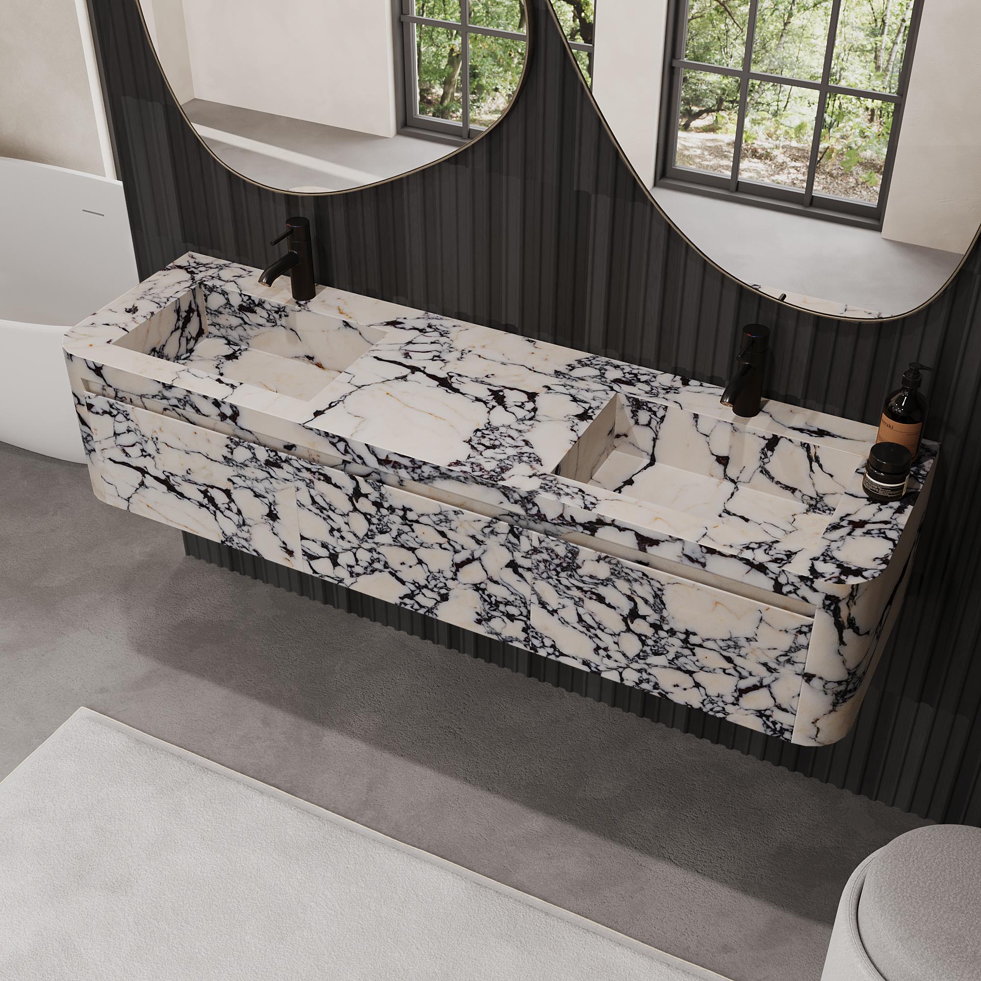 Coiffeuse de salle de bain à double bassin murale Lyke, Calacatta Viola en vente 4