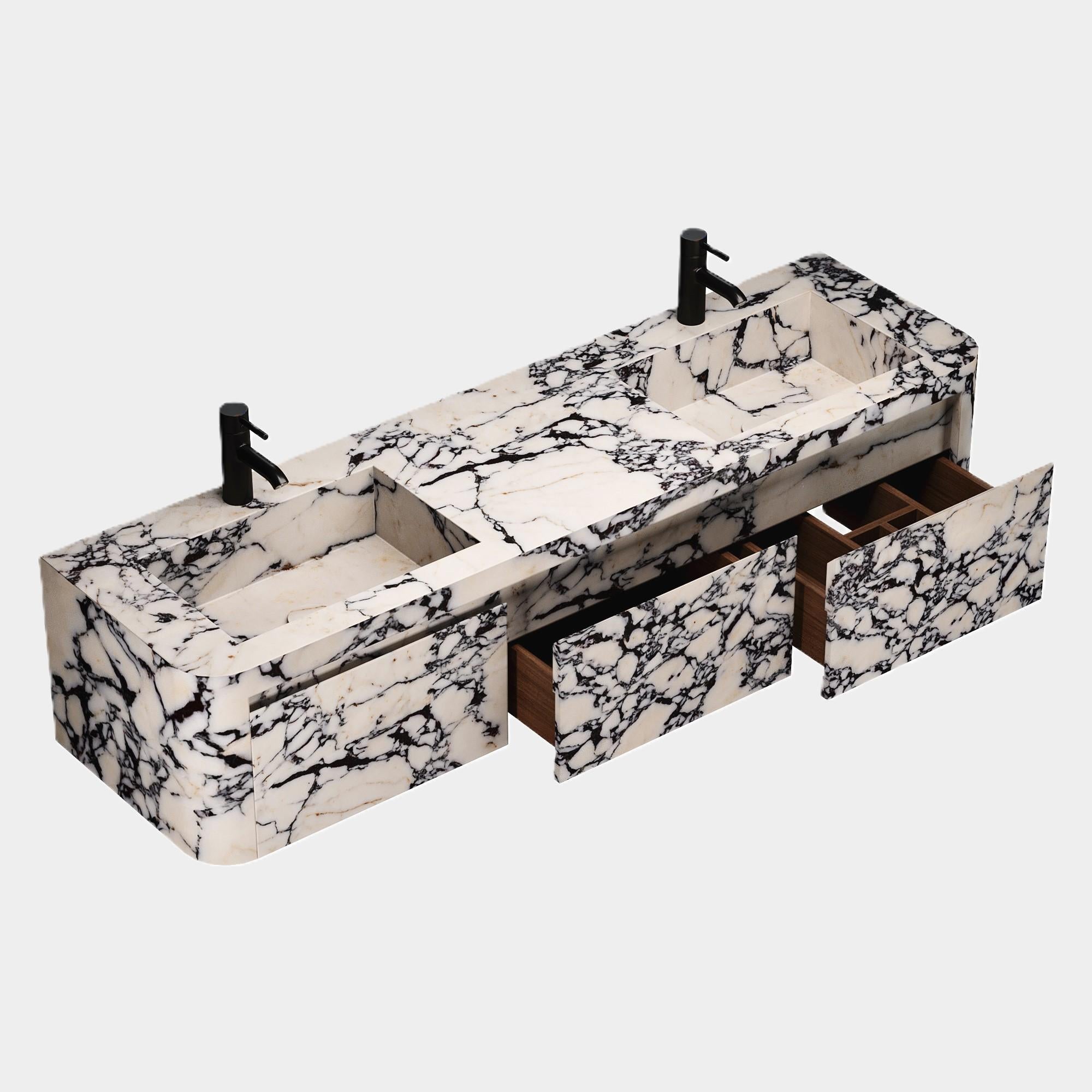 Fait main Coiffeuse de salle de bain à double bassin murale Lyke, Calacatta Viola en vente