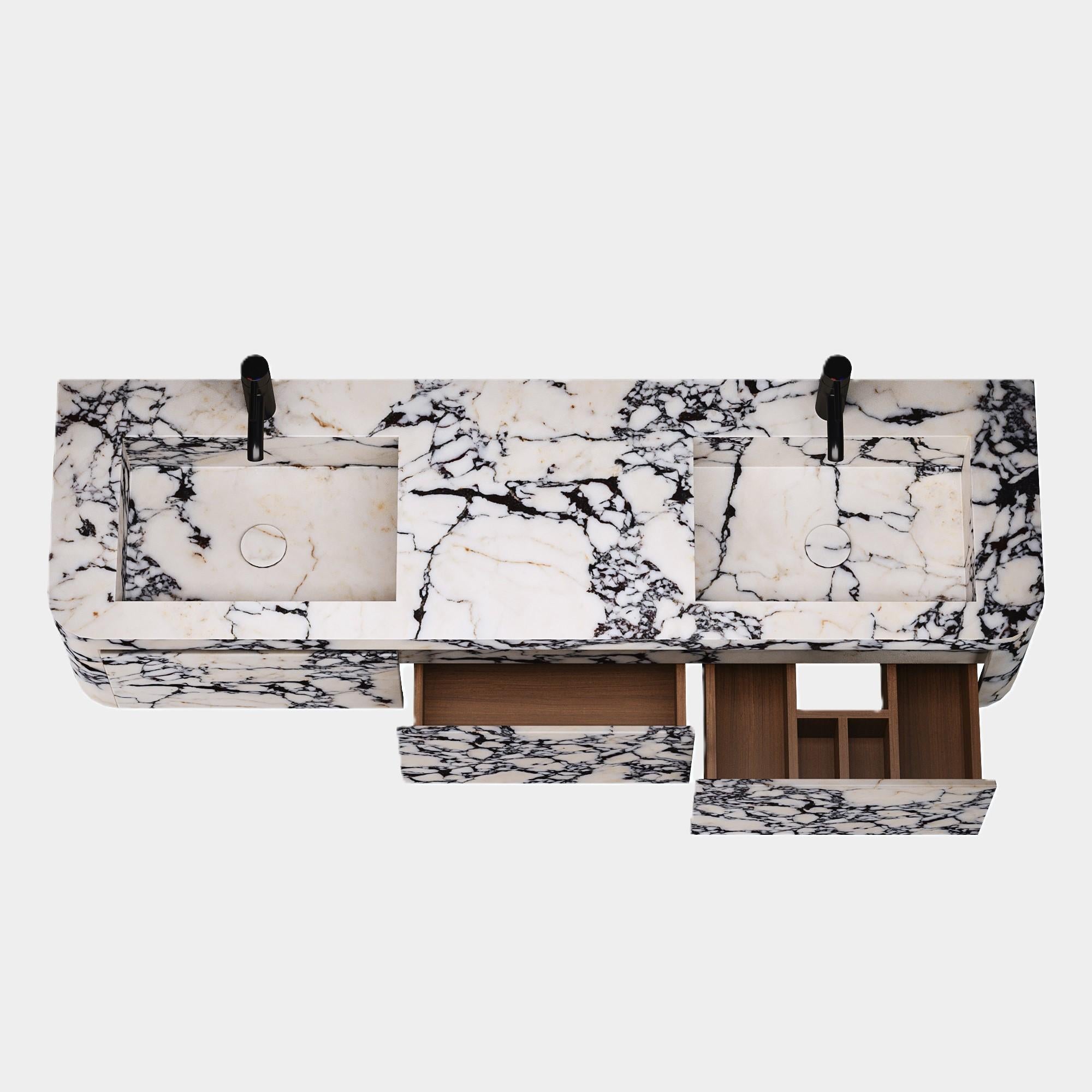 XXIe siècle et contemporain Coiffeuse de salle de bain à double bassin murale Lyke, Calacatta Viola en vente