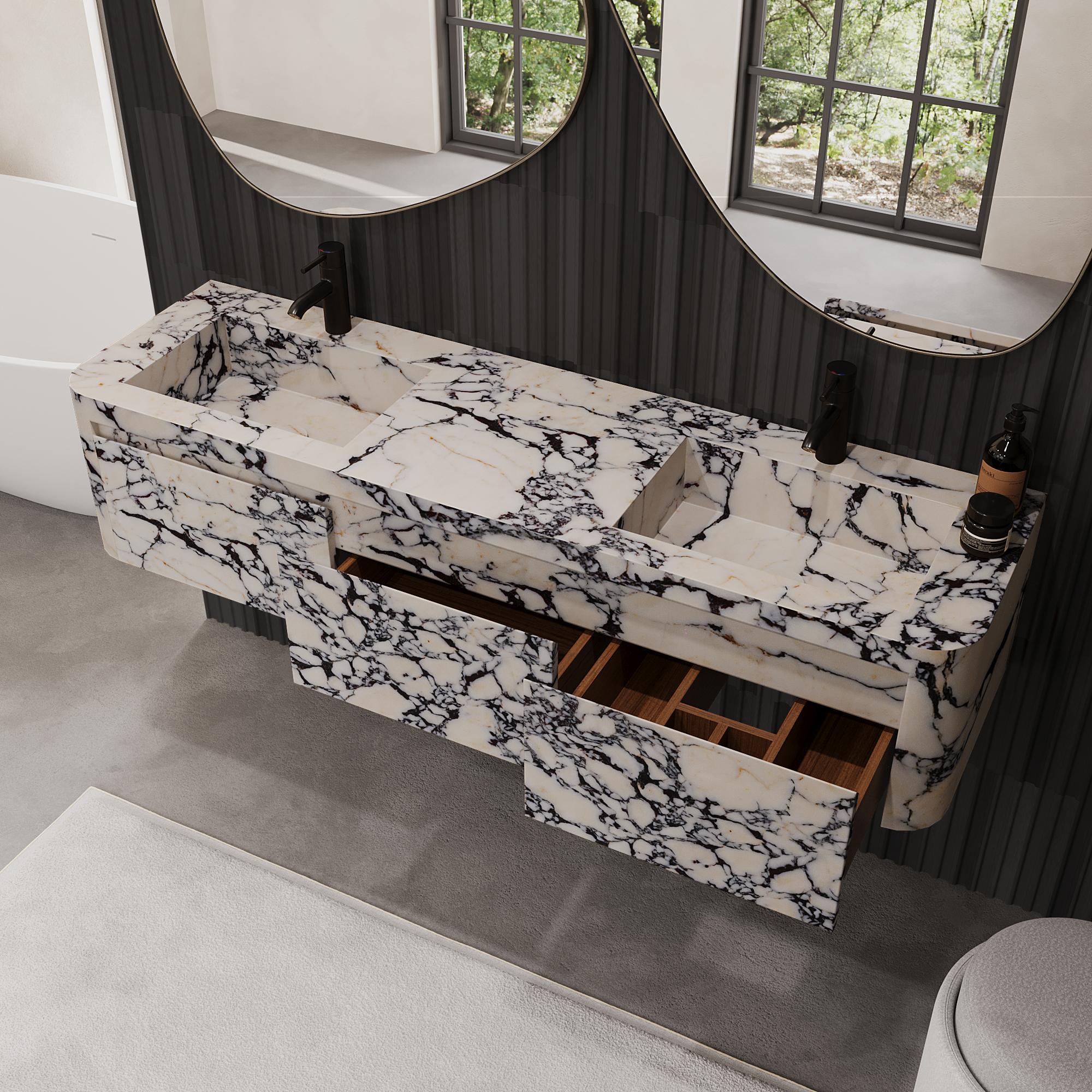 Marbre Coiffeuse de salle de bain à double bassin murale Lyke, Calacatta Viola en vente