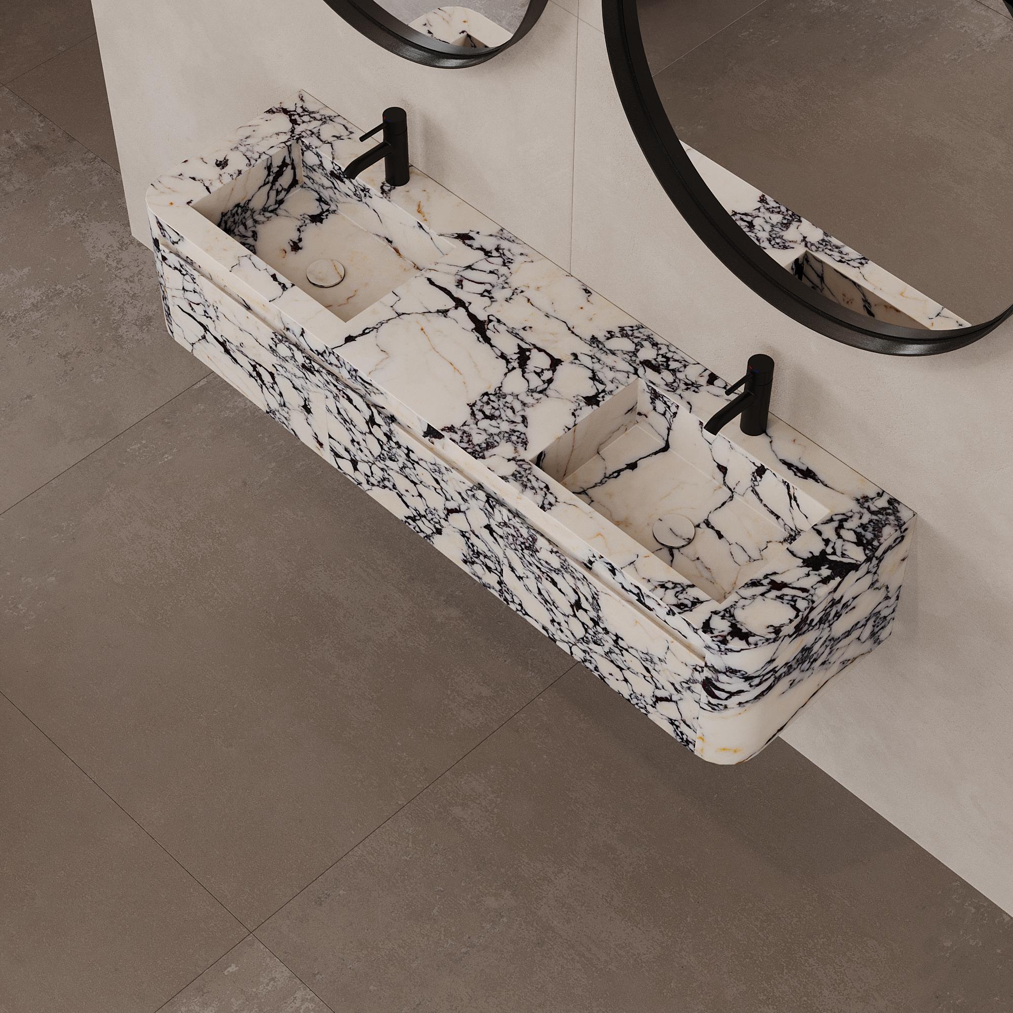 Coiffeuse de salle de bain à double bassin murale Lyke, Calacatta Viola en vente 1