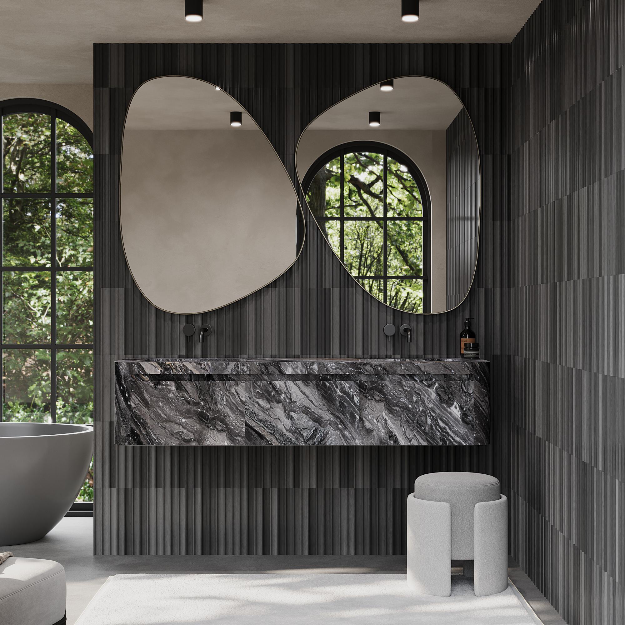 Verschönern Sie Ihr Badezimmer mit unserem luxuriösen Njord-Marmorwaschtisch, der mit seiner schön gerippten Textur Ihrem Badezimmer Tiefe und Charakter verleiht. Das Äußere ist komplett aus hochwertigem Marmor gefertigt, während das Innere aus