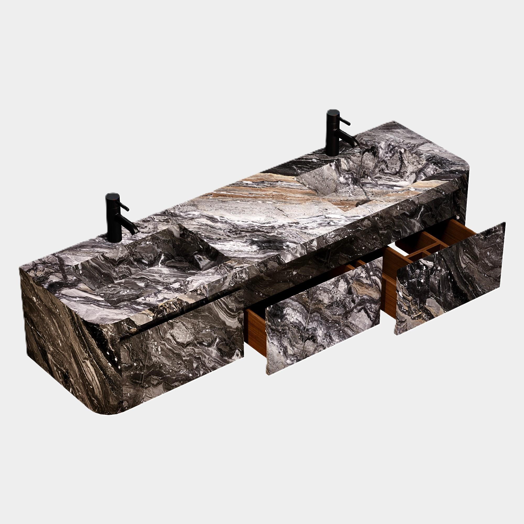 Lyke - Wandmontierter Waschtisch mit doppeltem Basin für das Badezimmer - Grau Galaxy (Handgefertigt) im Angebot