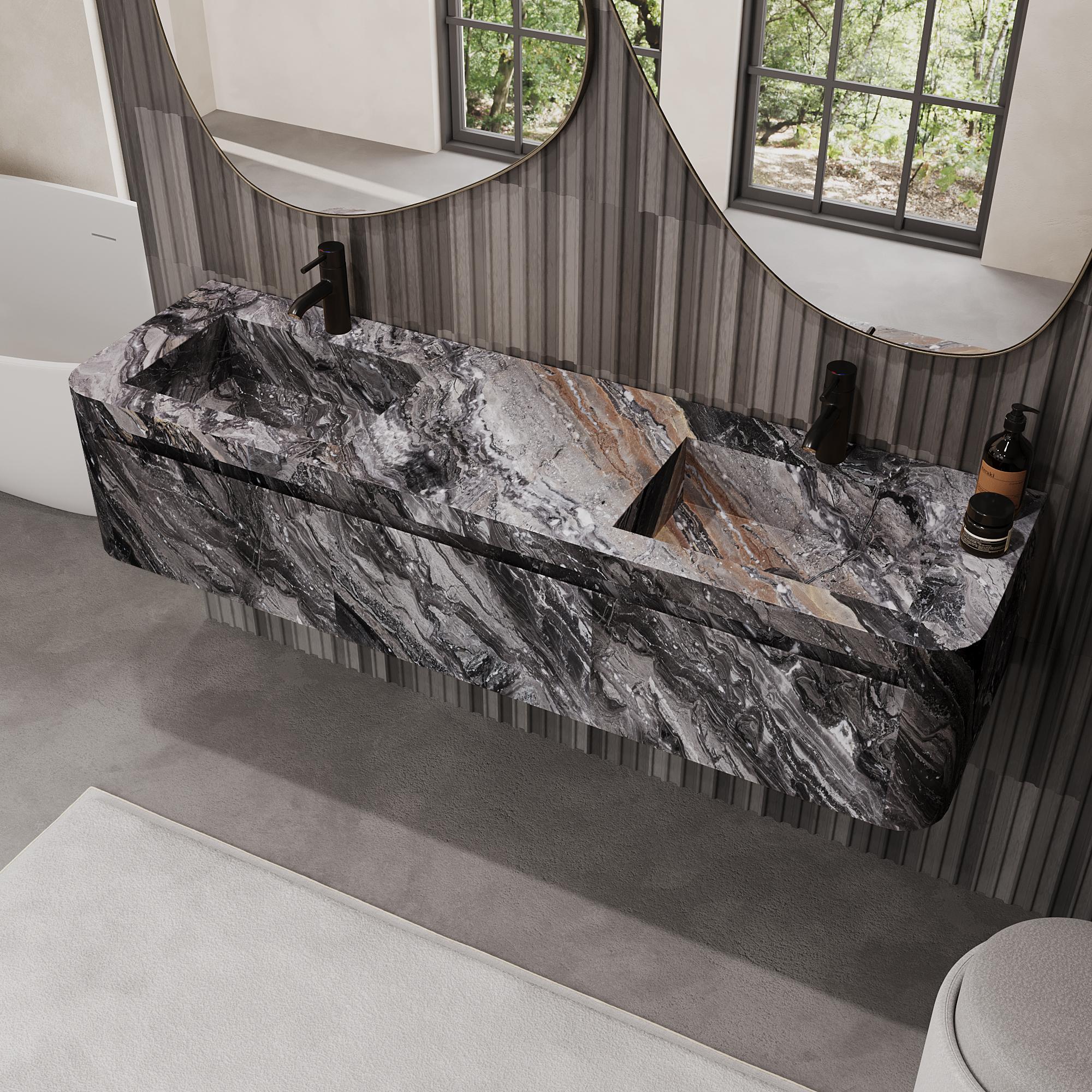 Lyke - Wandmontierter Waschtisch mit doppeltem Basin für das Badezimmer - Grau Galaxy (Marmor) im Angebot