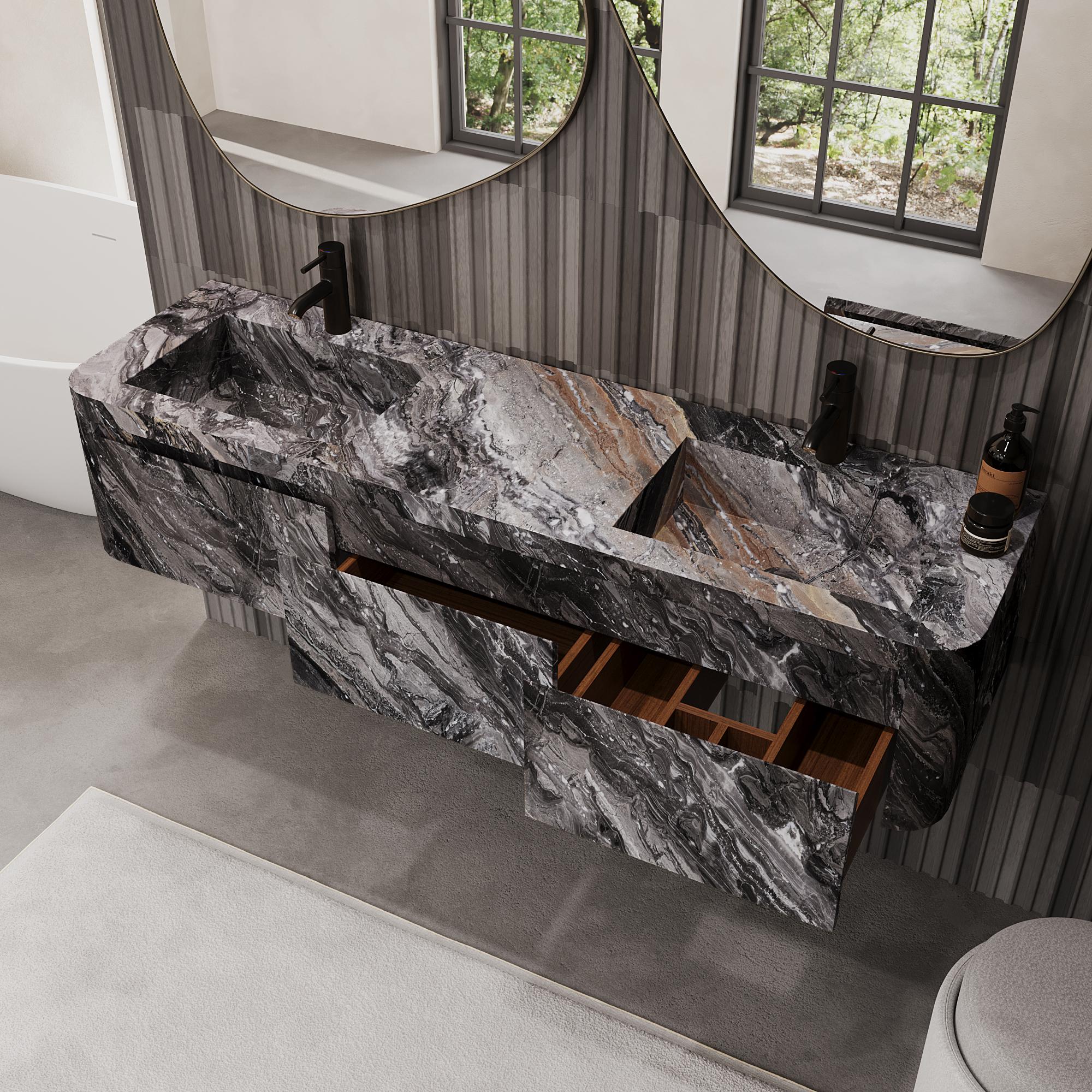 Lyke - Wandmontierter Waschtisch mit doppeltem Basin für das Badezimmer - Grau Galaxy im Angebot 1