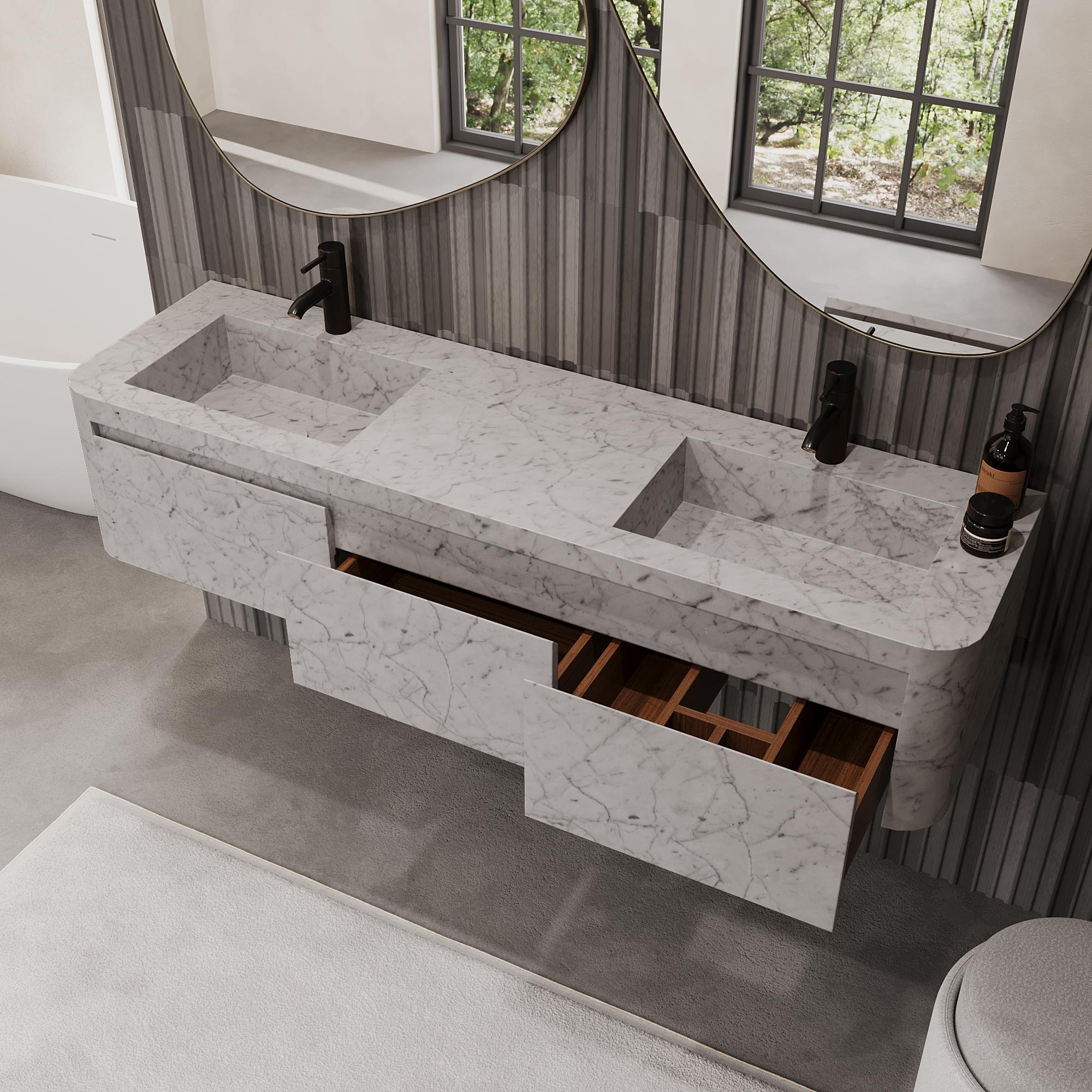 Lyke – Wandschminktisch mit doppeltem Basin für das Badezimmer – weißer Carrara-Schminktisch im Angebot 2
