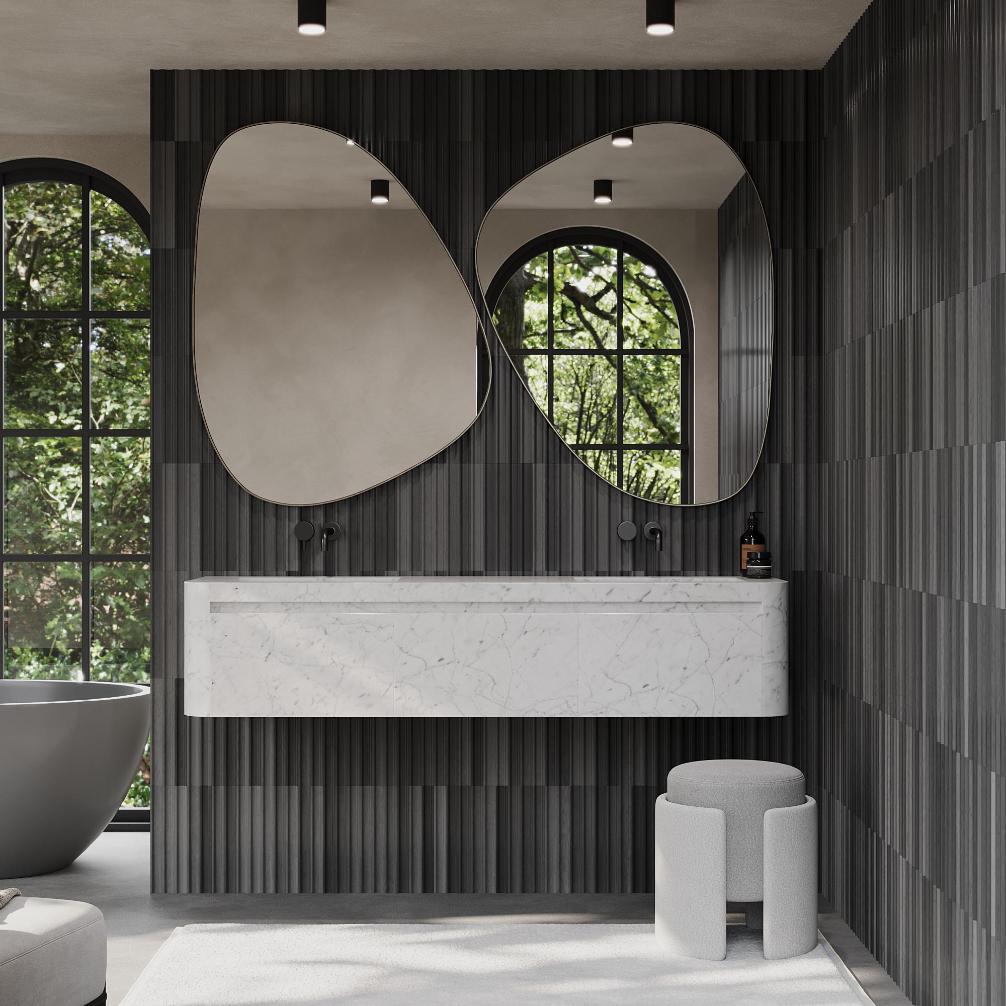 Unser schwimmender Waschtisch Lyke Dual Basin zeichnet sich durch einen wunderschön geäderten Marmor aus, der Ihrem Badezimmer Tiefe und Charakter verleiht. Das Äußere ist komplett aus hochwertigem Marmor gefertigt, während das Innere aus Massivholz