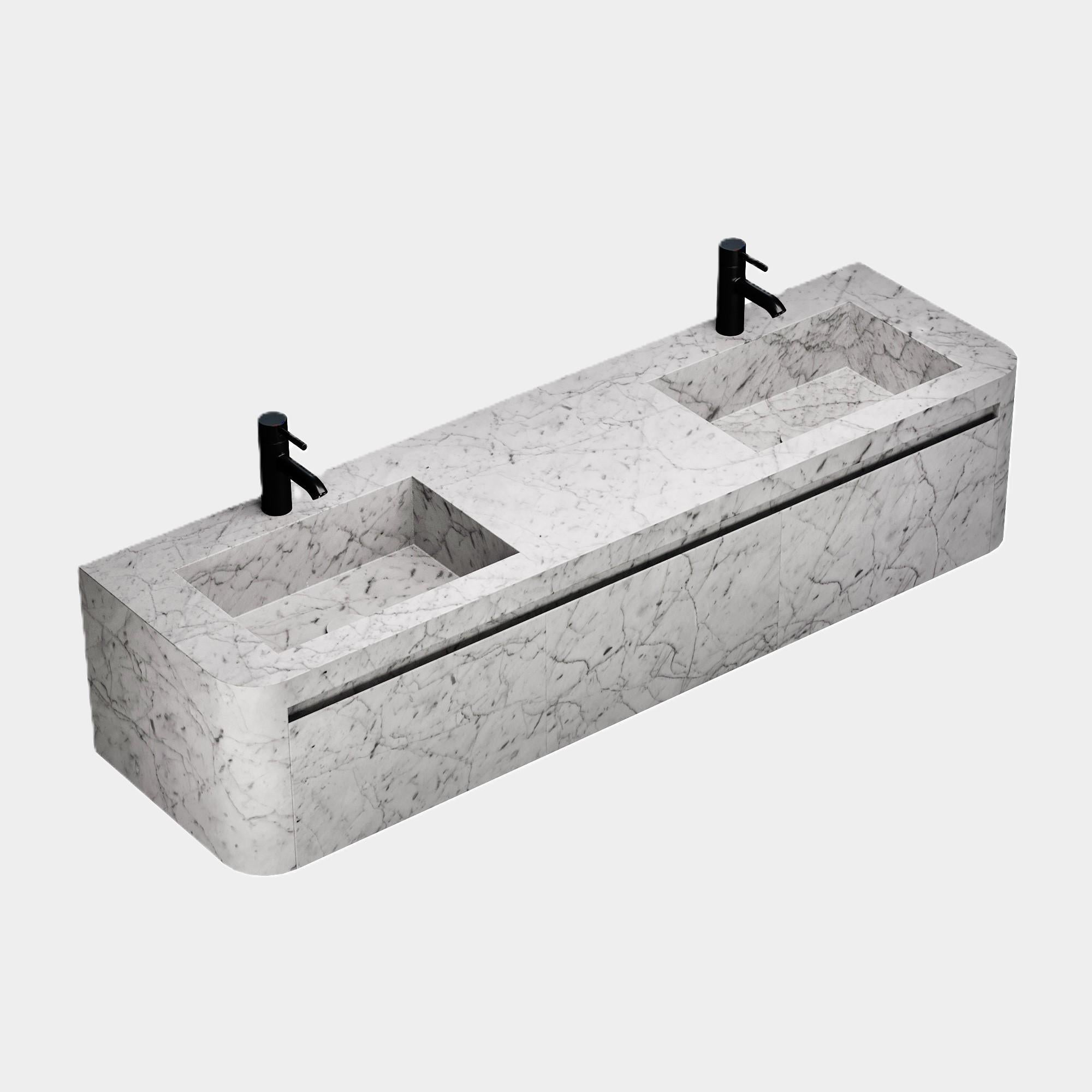Lyke – Wandschminktisch mit doppeltem Basin für das Badezimmer – weißer Carrara-Schminktisch (Skandinavische Moderne) im Angebot