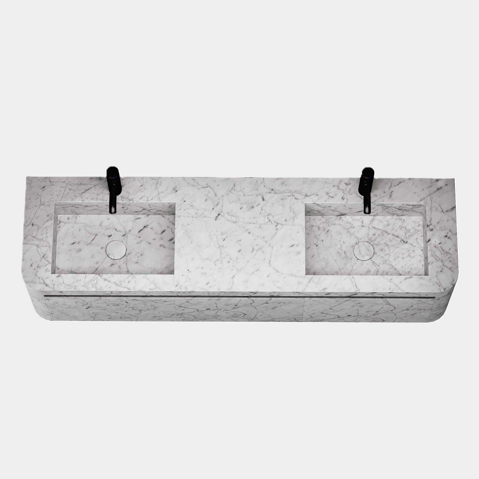 Lyke – Wandschminktisch mit doppeltem Basin für das Badezimmer – weißer Carrara-Schminktisch (Handgefertigt) im Angebot