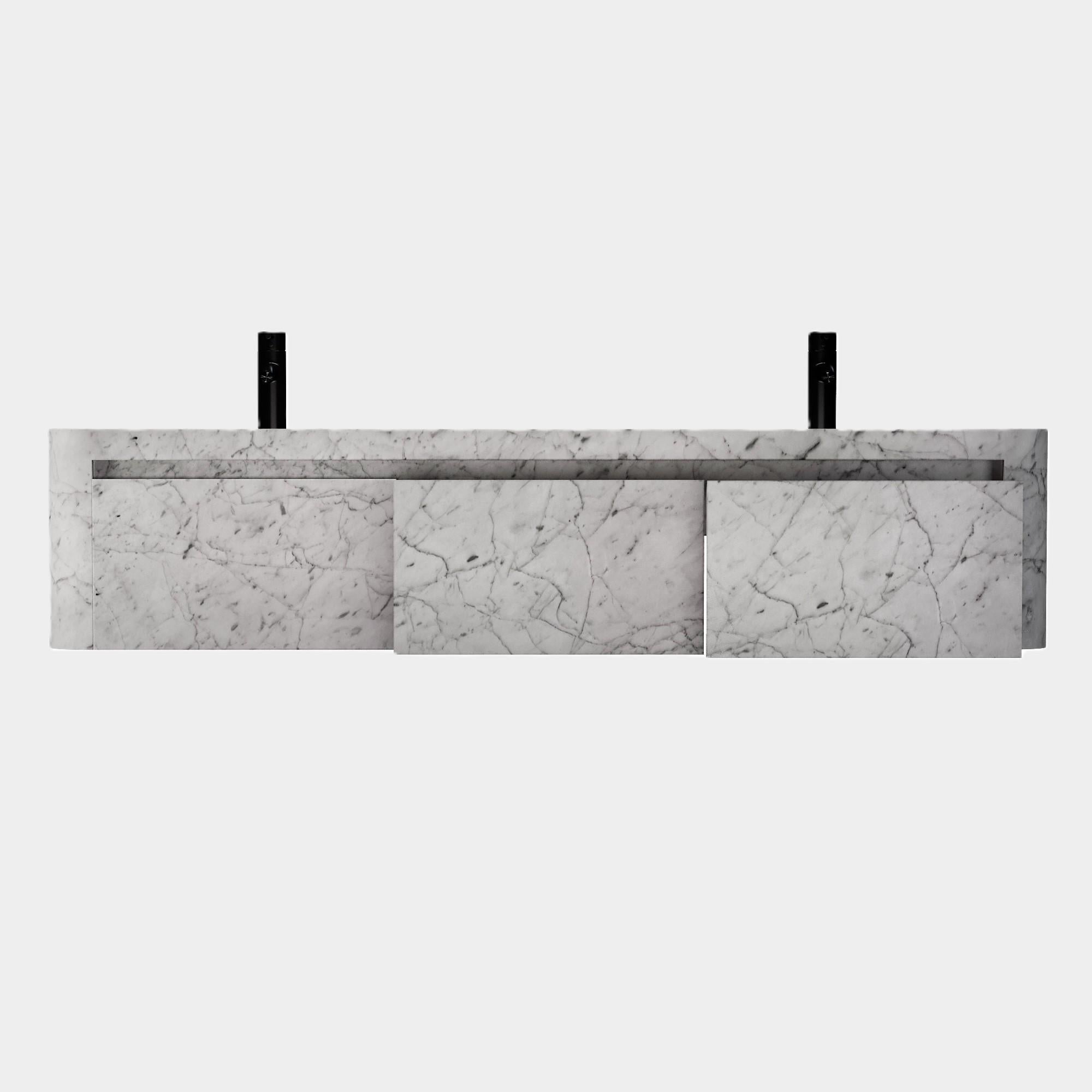Lyke – Wandschminktisch mit doppeltem Basin für das Badezimmer – weißer Carrara-Schminktisch (21. Jahrhundert und zeitgenössisch) im Angebot