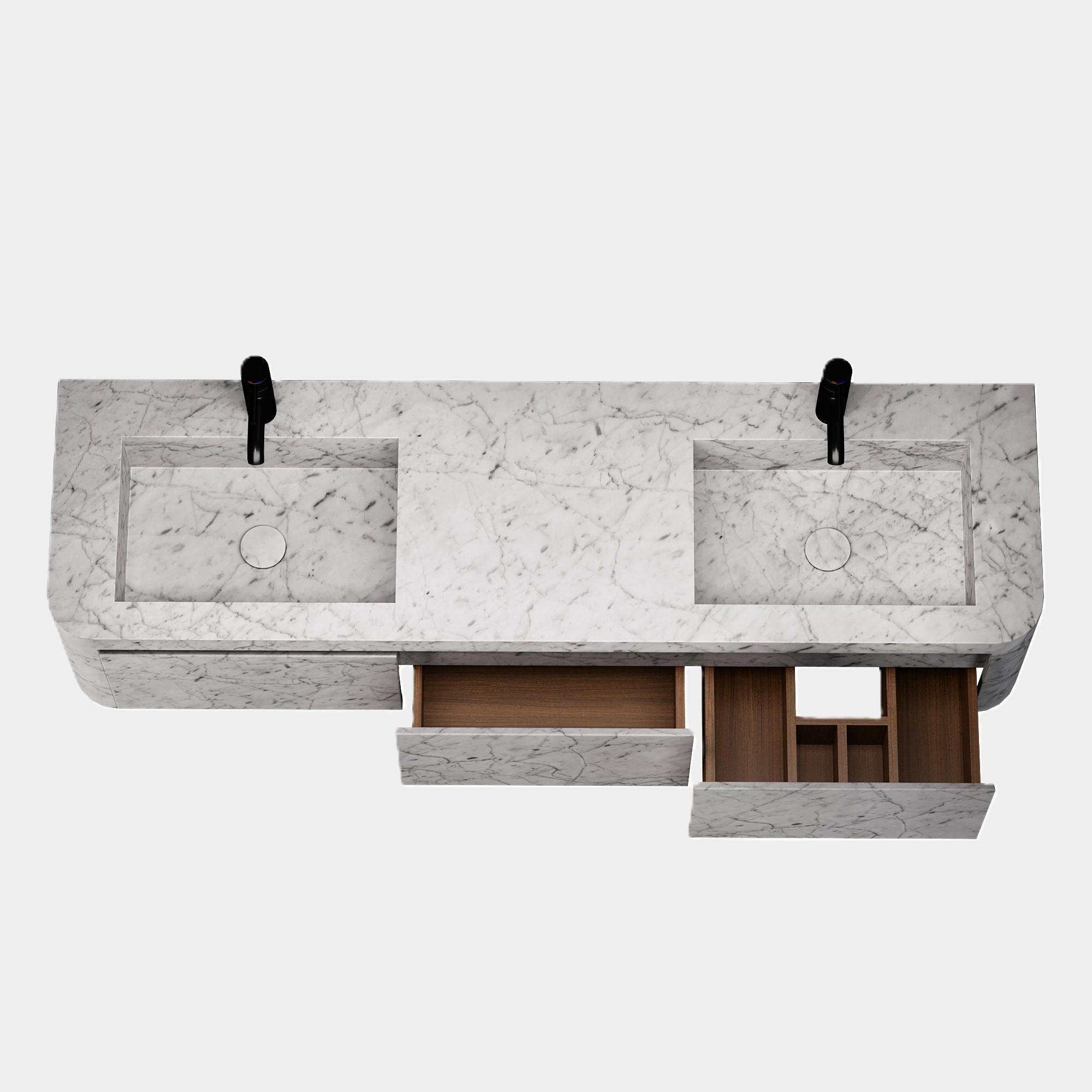Lyke – Wandschminktisch mit doppeltem Basin für das Badezimmer – weißer Carrara-Schminktisch (Marmor) im Angebot