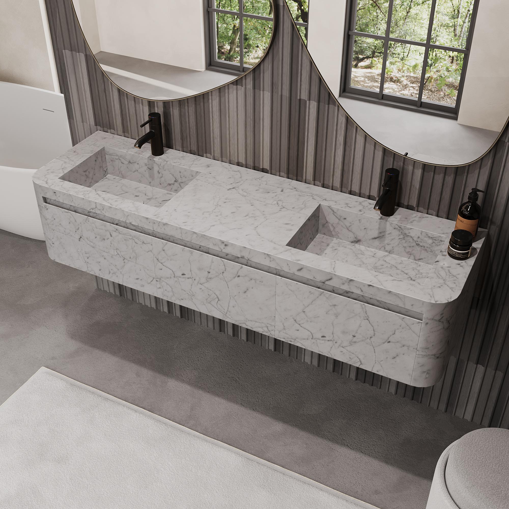 Lyke – Wandschminktisch mit doppeltem Basin für das Badezimmer – weißer Carrara-Schminktisch im Angebot 1