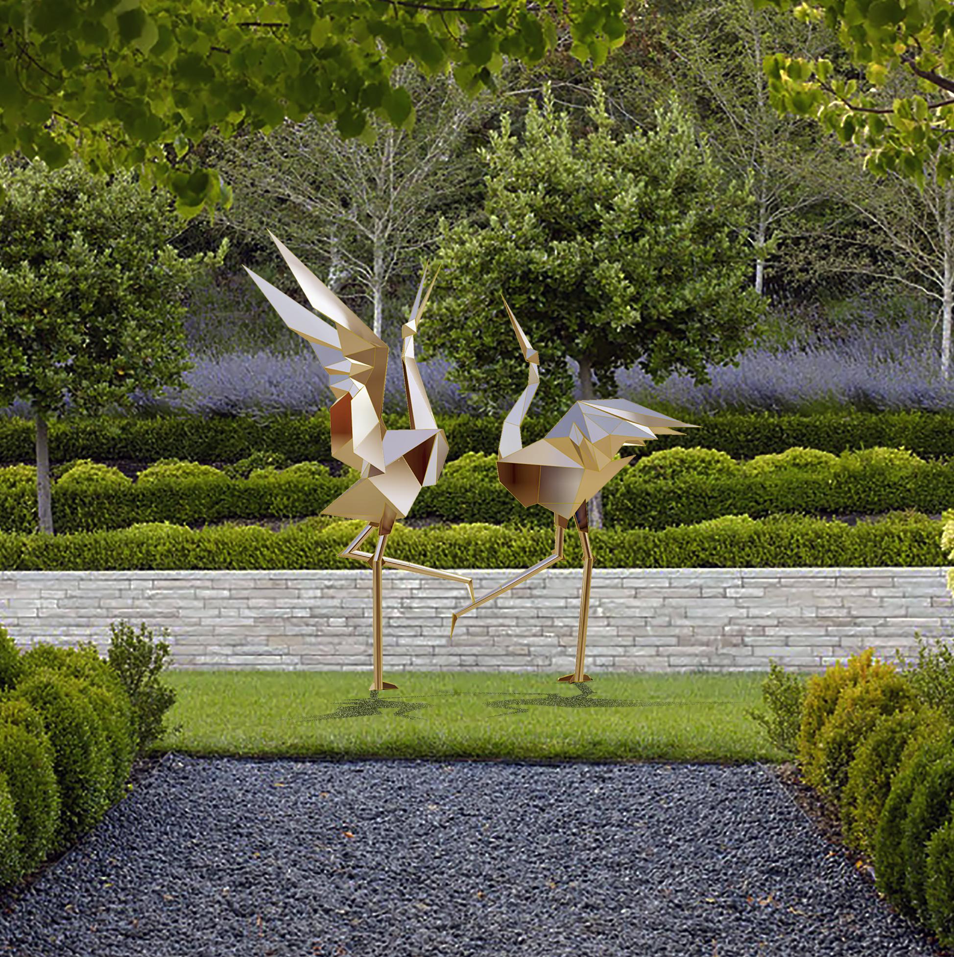 This sculpture of a pair of Dancing Cranes by Lyle London explores a unique translation of the Japanese art of folded paper  into a metal sculpture.  The piece is based on the Japanese Red Cap dancing crane which are one of the largest cranes in the