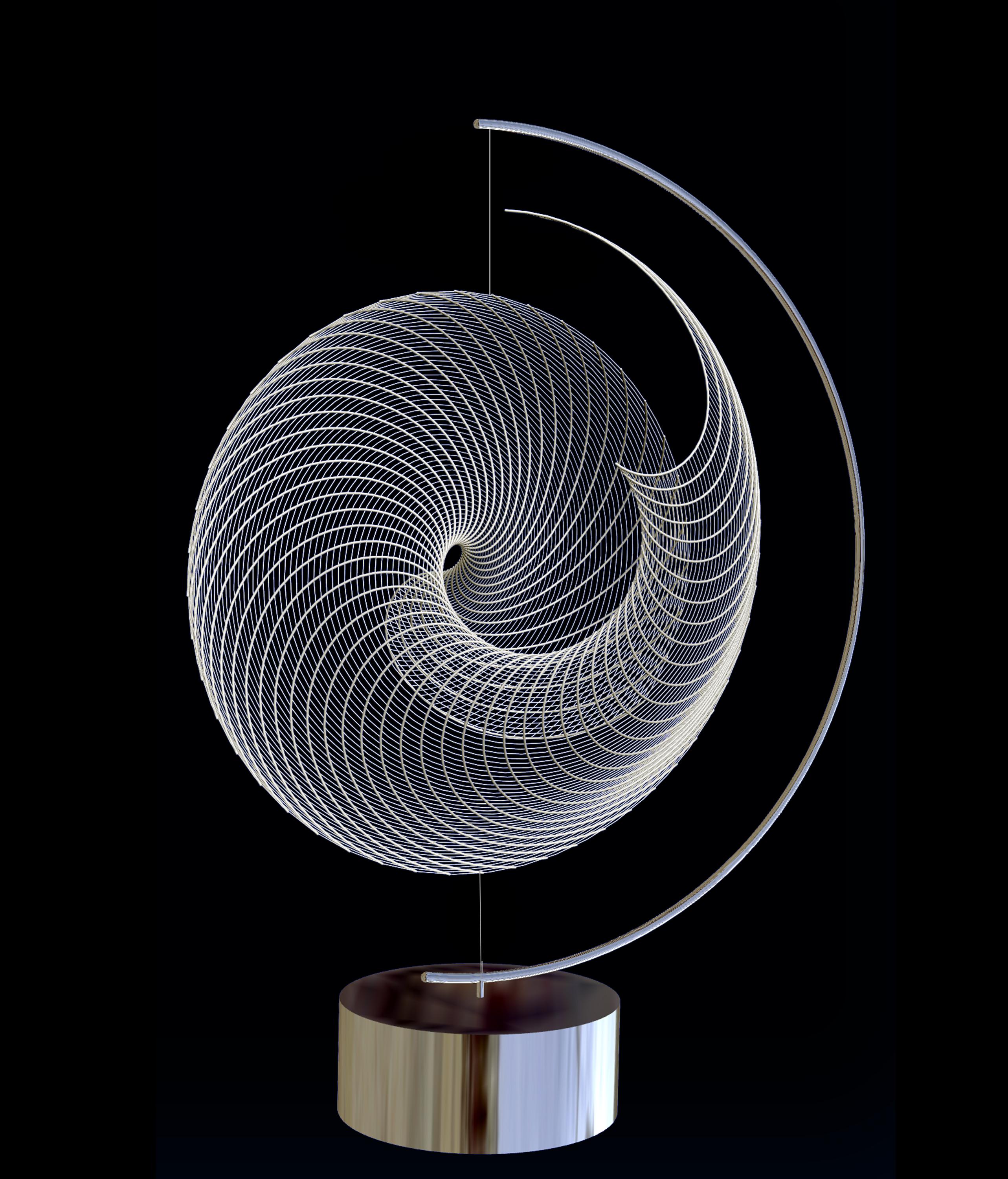 Tensioeds a  una barra de tensión semicircular de acero inoxidable, esta impresión 3D de nailon muestra la compleja geometría de malla metálica de un disco helicoidal.  La pieza es una edición de 20 y está disponible en blanco o con un revestimiento