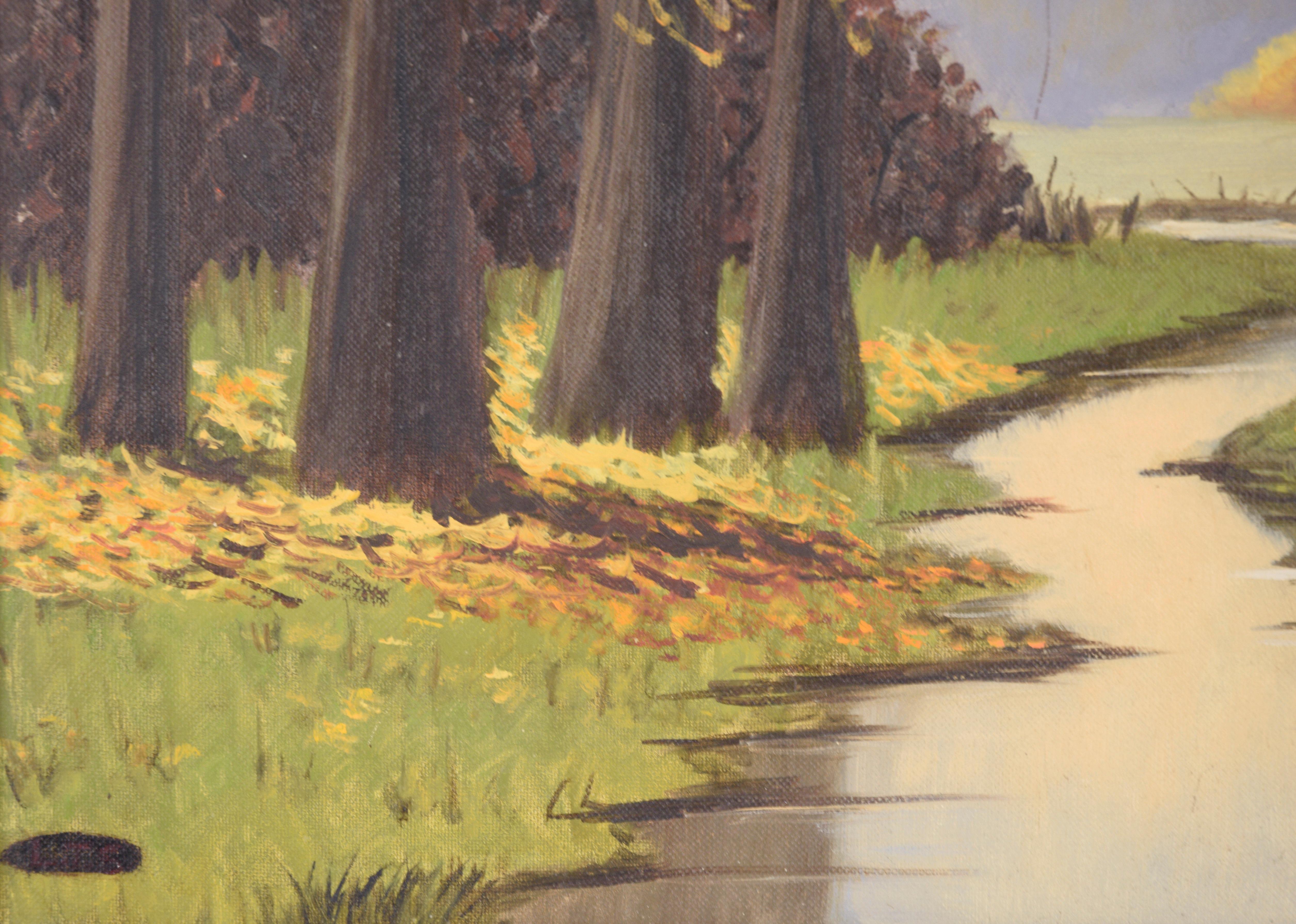Ruhige Landschaft von Lylia T. Shackelford (20. Jahrhundert). In der Mitte des Bildes fließt ein ruhiger Bach, der auf beiden Seiten von üppigem Gras und hohen Bäumen eingerahmt wird. Hinter den Bäumen und Sträuchern im Vordergrund befindet sich