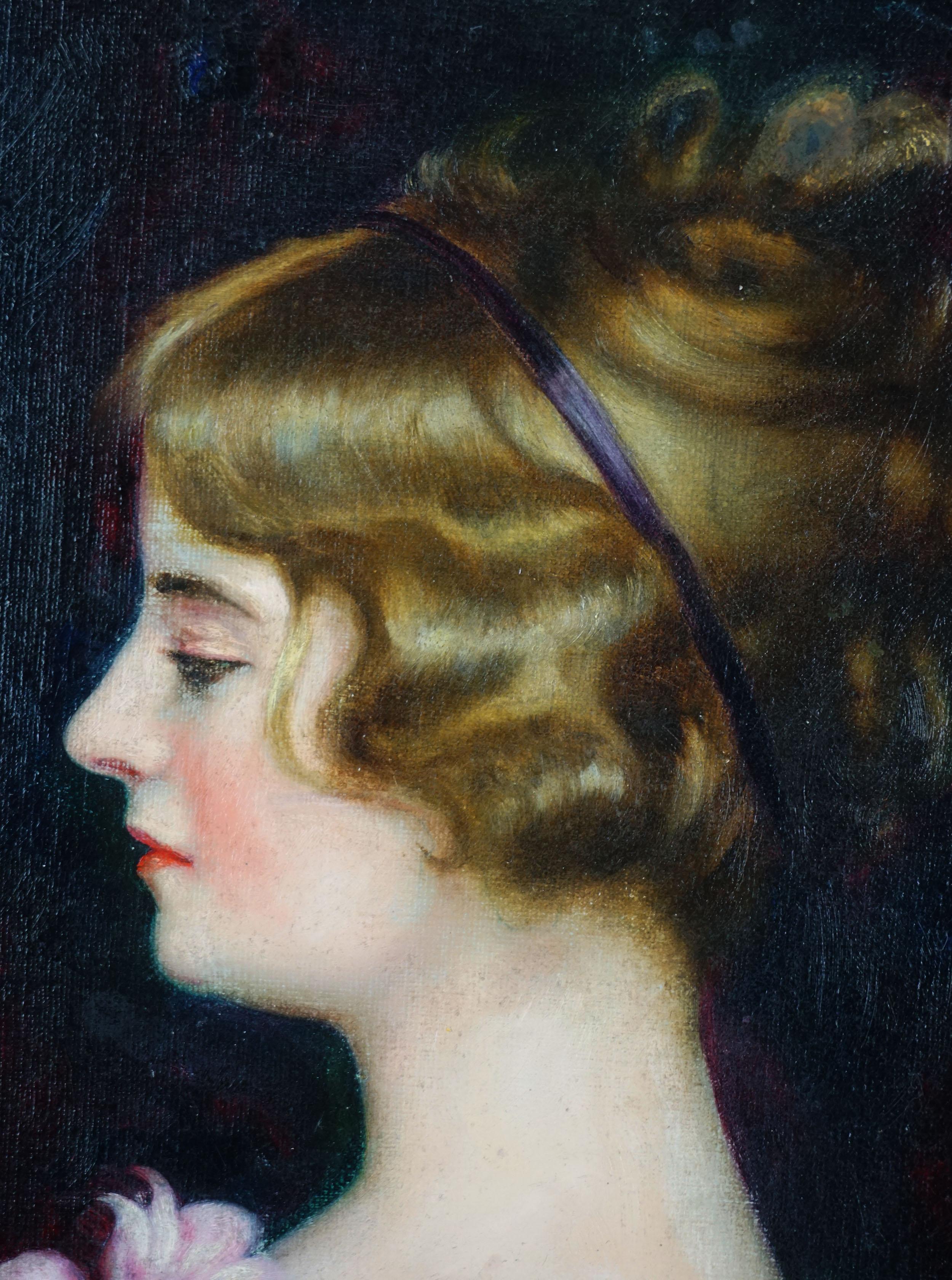 Portrait of Young Woman with Pink Rose Chicago Circa 1900 - Painting by Lylian Root Hulbert 