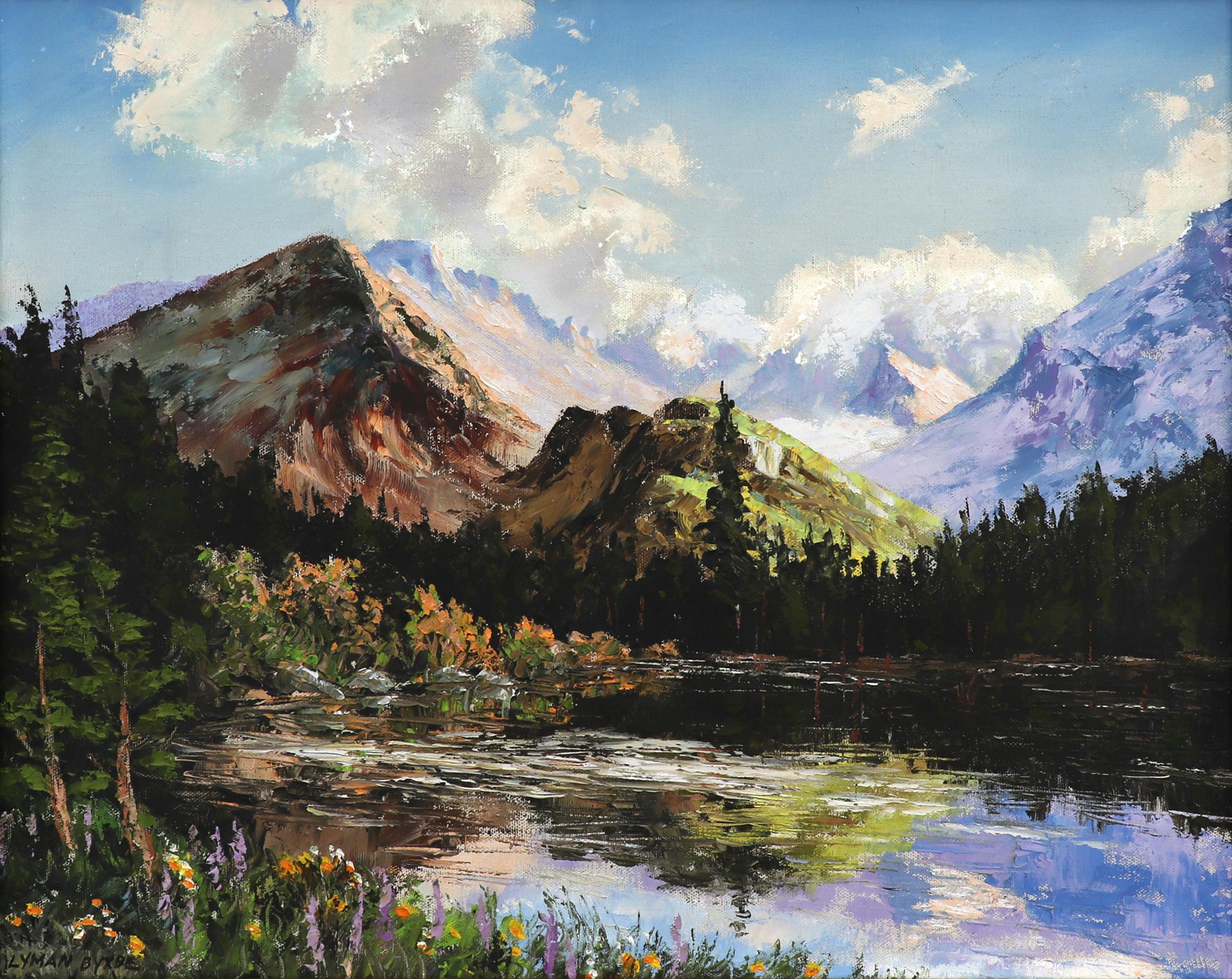 Lawn Lake, Colorado, 1950s National Park Mountain Oil Landscape in Blues Greens - Painting by Lyman Byxbe