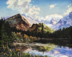 Lawn Lake, Colorado, 1950s National Park Mountain Oil Landscape in Blues Greens