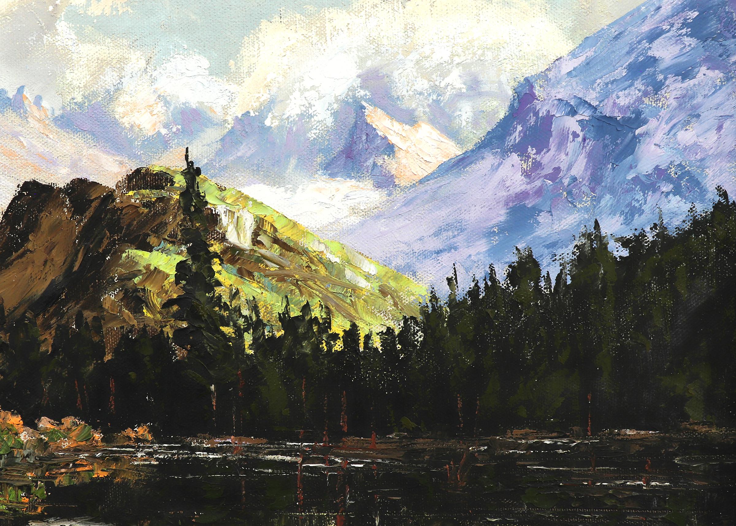 Lawn Lake, Colorado, 1950s National Park Mountain Oil Landscape in Blues Greens - American Impressionist Painting by Lyman Byxbe