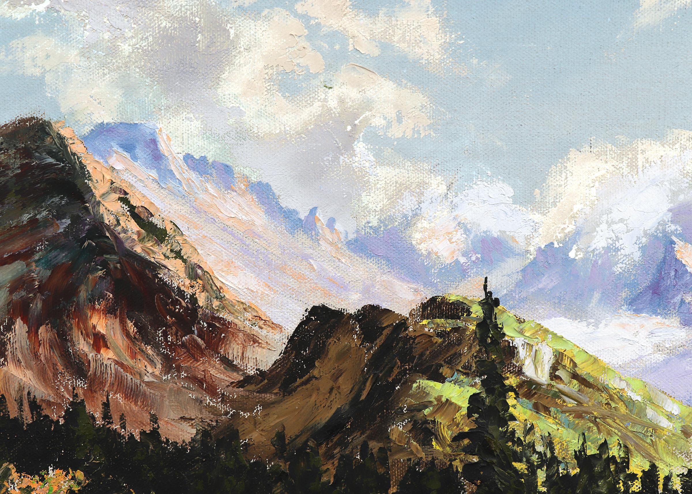 Lawn Lake, Colorado, 1950s National Park Mountain Oil Landscape in Blues Greens - Brown Landscape Painting by Lyman Byxbe