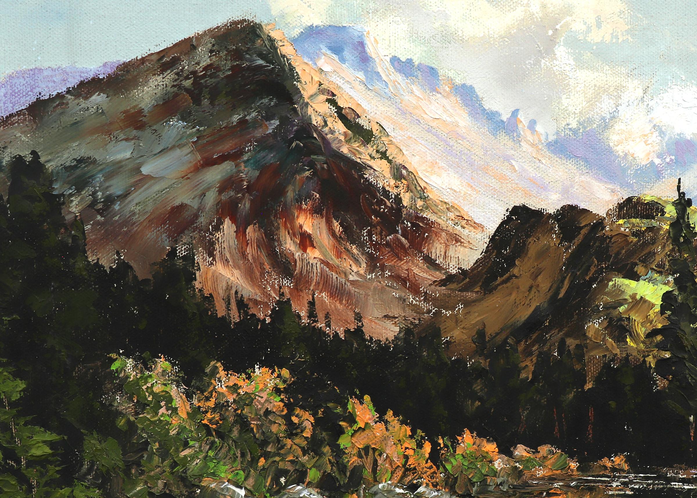 Vintage Colorado landscape painting in summer with green trees, a lake, and mountains with blue sky, titled 'Lawn Lake, Colorado' by Lyman Bxybe (1886-1980). Oil on canvas, signed lower left. Presented in a vintage frame, outer dimensions measure 19