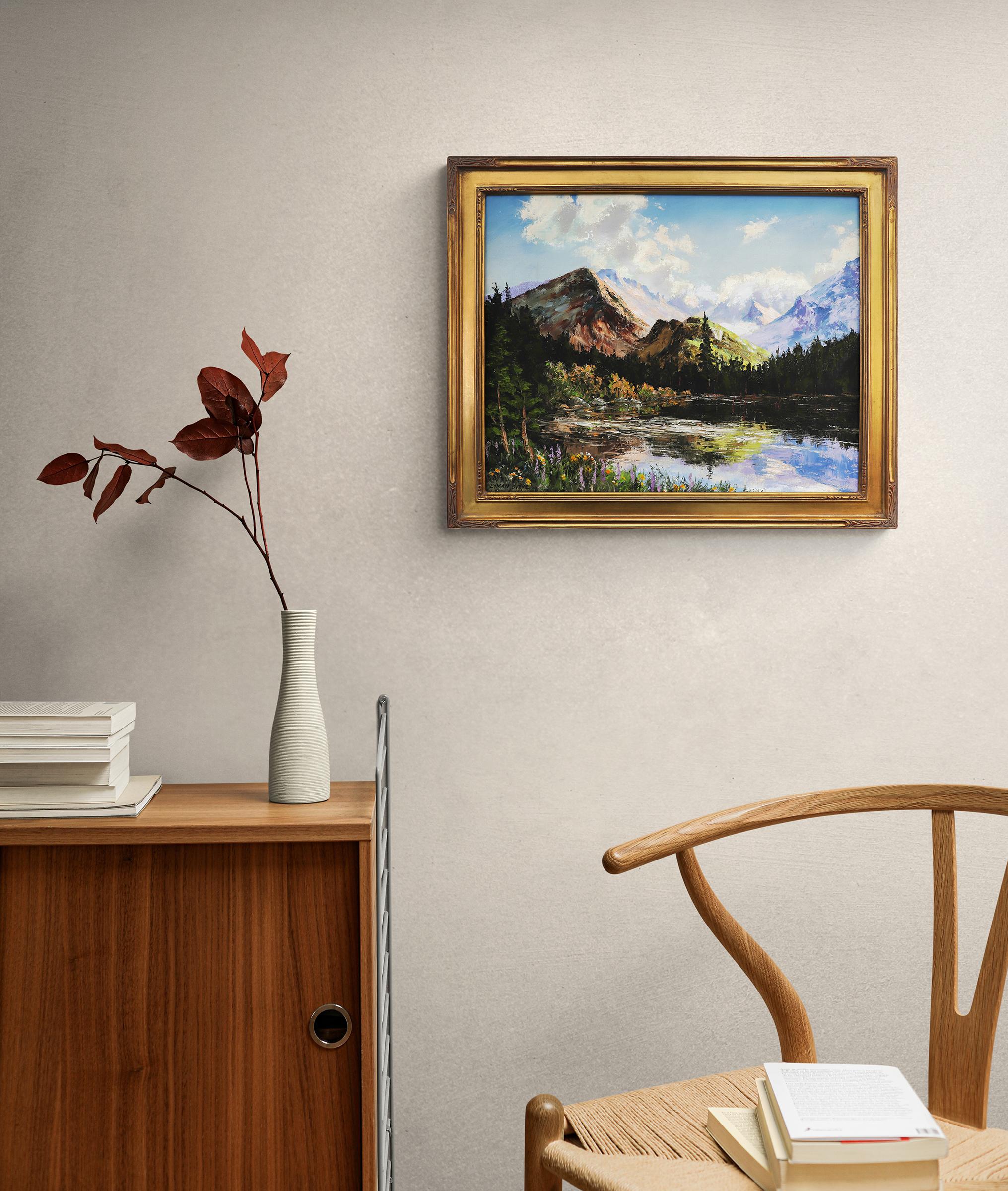 Lawn Lake, Colorado, 1950s National Park Mountain Oil Landscape in Blues Greens 1