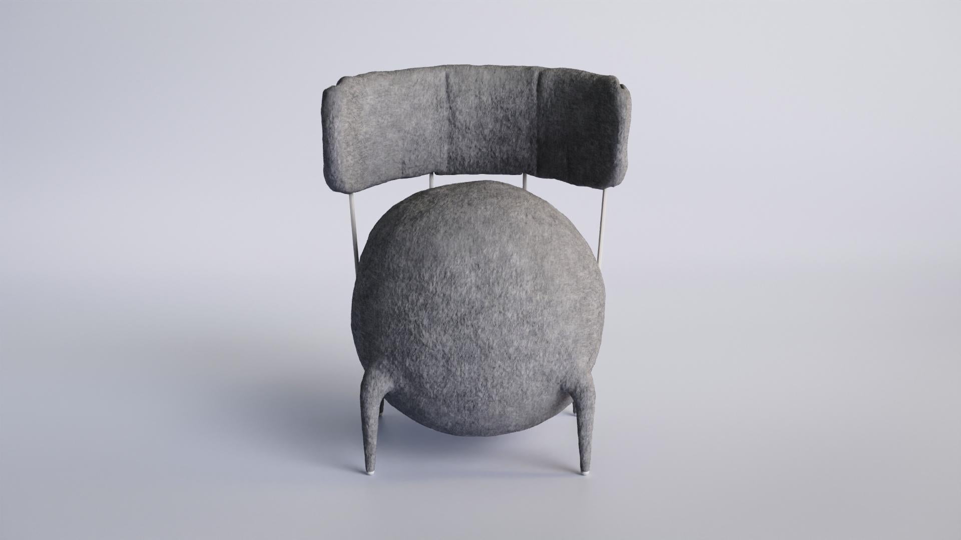 Lymphochair Chair by Taras Yoom
Limited Edition of 50
Dimensions: D 62 x W 62 x H 80 cm
Materials: Wood, metal, felt, PU.

The chair consists of a deep white pinkish felt cover, silver or white metal rods and blue or brown straps. The back of a