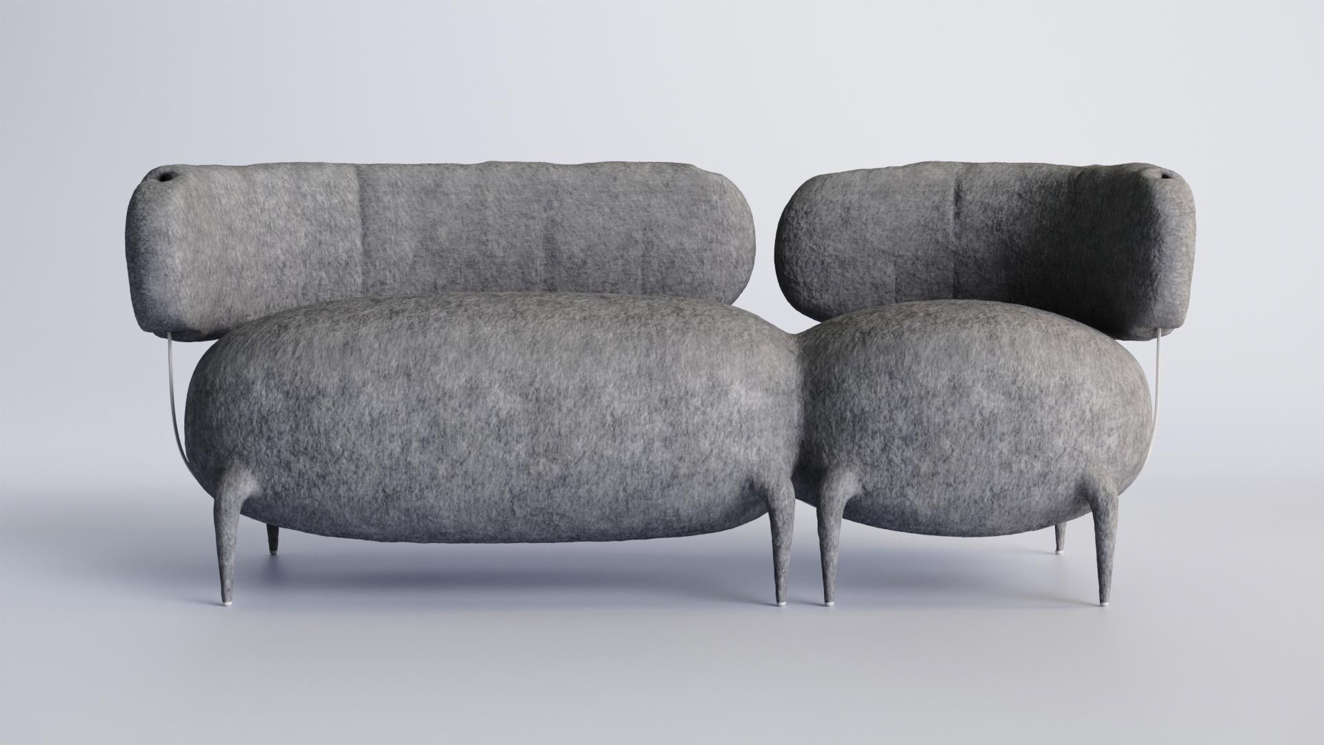 Lymphosofa Sofa by Taras Yoom
Limited Edition of 10
Dimensions: D 82 x W 200 x H 82 cm
Materials: Wood, metal, felt, PU.
Available in two upholstery options: Unique felt made by hand using stiff wool fibers, or fabric lining.

Lymphosofa is included