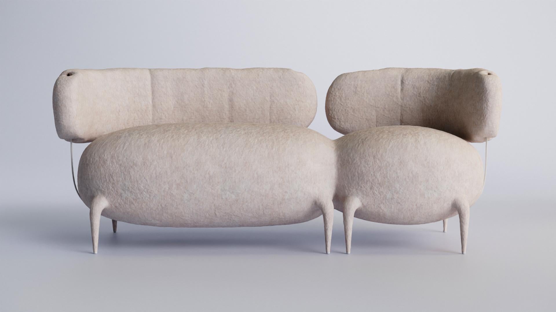 Lymphosofa Sofa by Taras Yoom
Limited Edition of 10
Dimensions: D 82 x W 200 x H 82 cm
Materials: Wood, metal, felt, PU.
Available in two upholstery options: Unique felt made by hand using stiff wool fibers, or fabric lining.

Lymphosofa is included