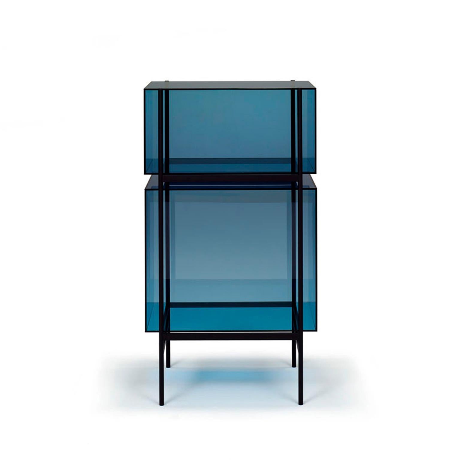 Lyn cabinet - European, Minimalist, blue, black base, German, cabinet, 21st century, small size

Studio Visser & Meijwaard describe their conception of lyn as a “graphic interplay between glass and the metal frameworks”. The doorless and diverse