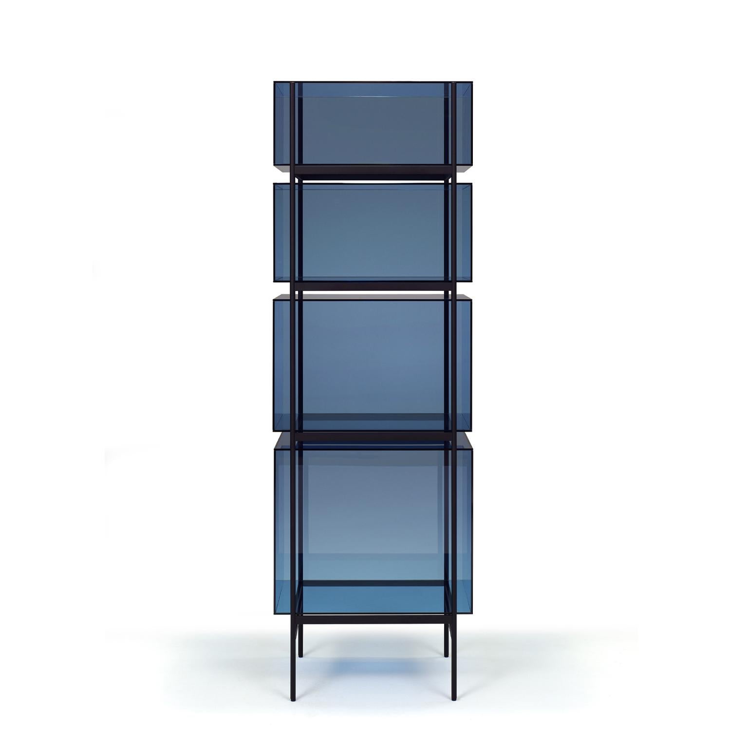 Lyn cabinet - European, Minimalist, blue, black base, German, cabinet, 21st century, high size

Studio Visser & Meijwaard describe their conception of lyn as a “graphic interplay between glass and the metal frameworks”. The doorless and diverse