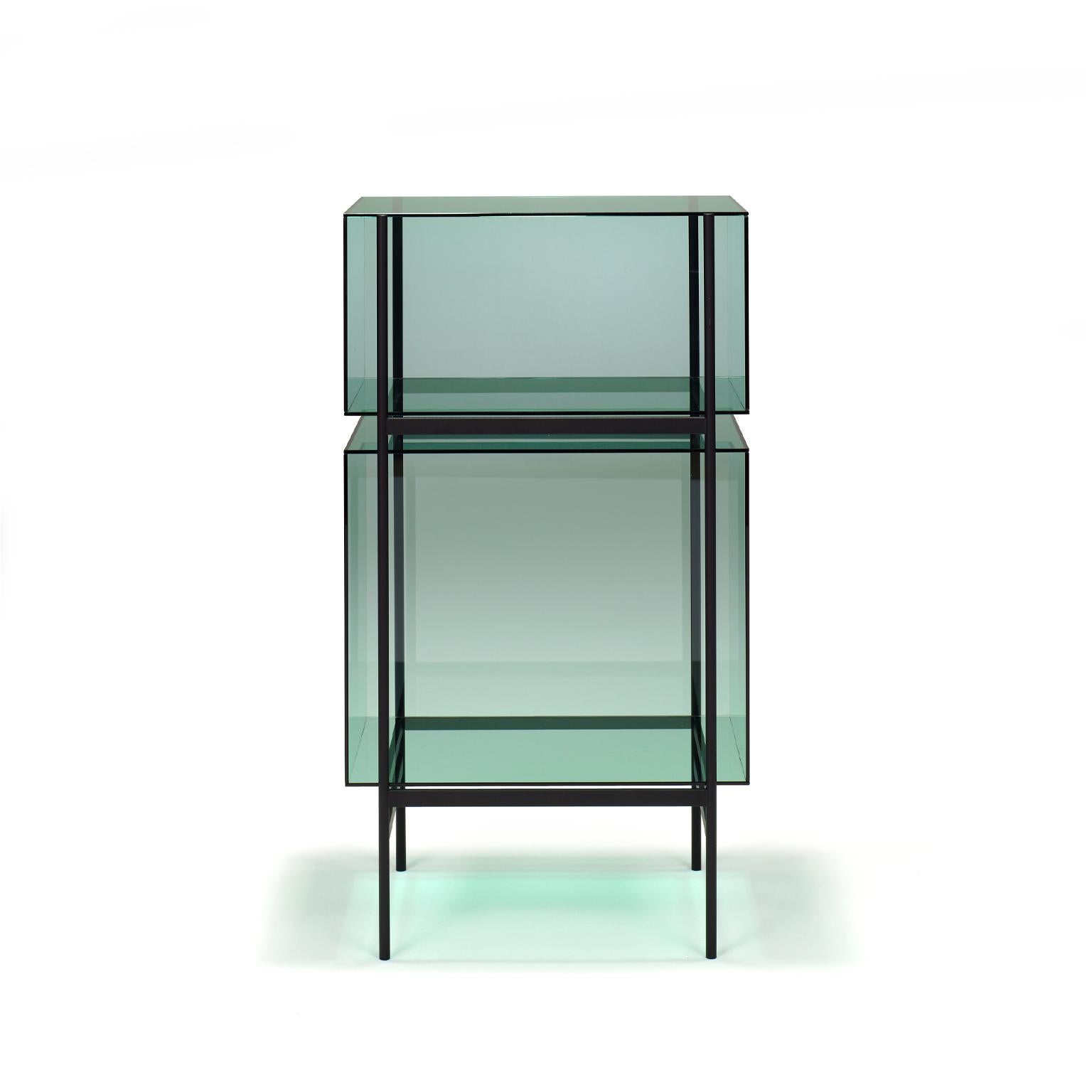 Lyn cabinet, European, Minimalist, green, black base, German, cabinet, 21st century, small size

Studio Visser & Meijwaard describe their conception of lyn as a “graphic interplay between glass and the metal frameworks”. The doorless and diverse