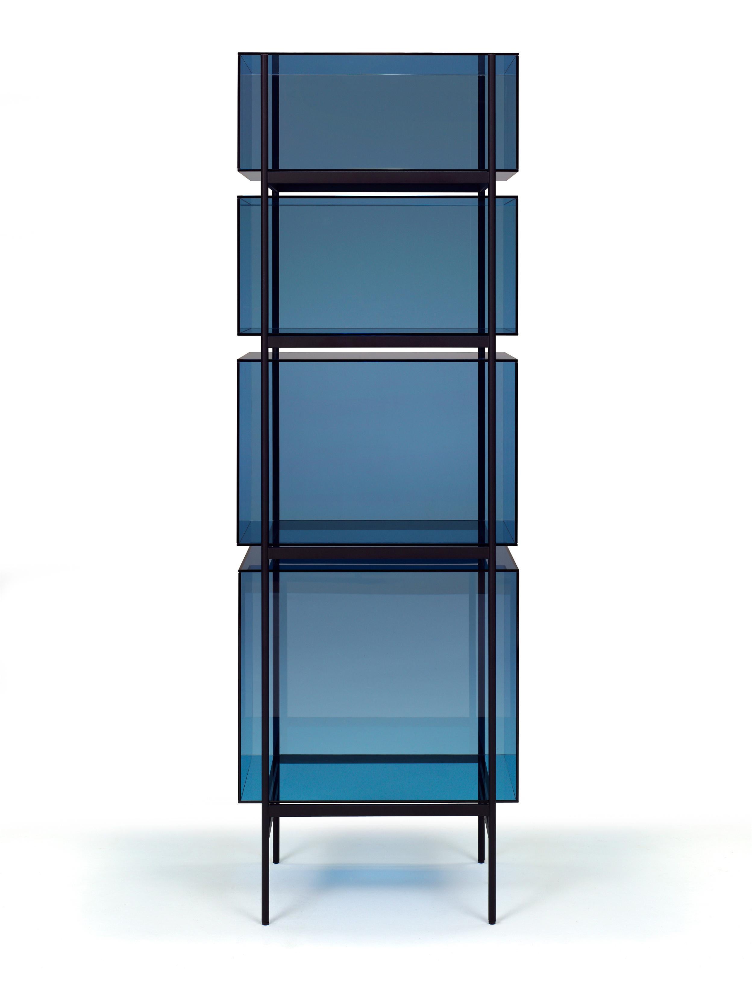 Lyn high blue black cabinet by Pulpo
Dimensions: D60 x W45 x H185 cm
Materials: Glass; powder coated steel.

Also available in different colours. 

Studio Visser & Meijwaard describe their conception of lyn as a “graphic interplay between