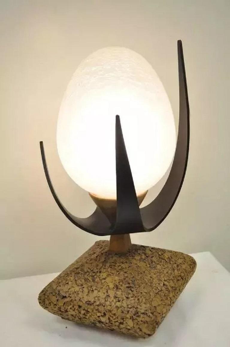 Vintage Lynard of California Cork Crackled Glass Walnut Atomic Era Modern Egg Table Lamp. Item features a sculpted cork base, solid walnut accents, black sculpted acrylic 