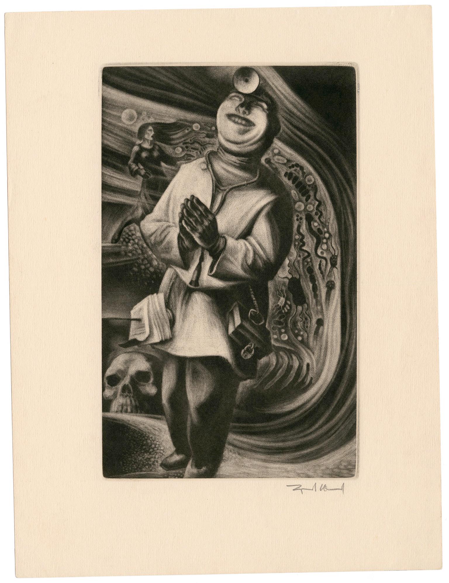 'Doktor' aus 'Lob der Torheit' - Grafische Moderne der 1940er Jahre – Print von Lynd Ward