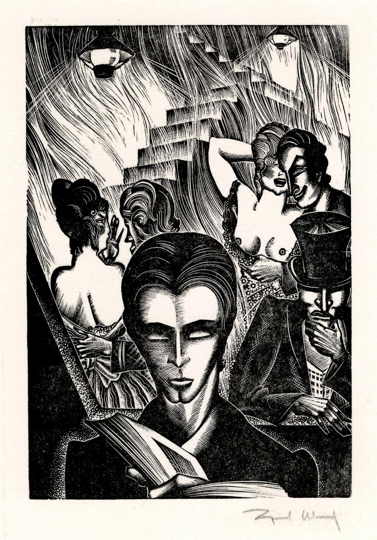 Lynd Ward Figurative Print – Die Trommel des Verrückten (Tafel 41)" - Grafische Modernität der 1930er Jahre