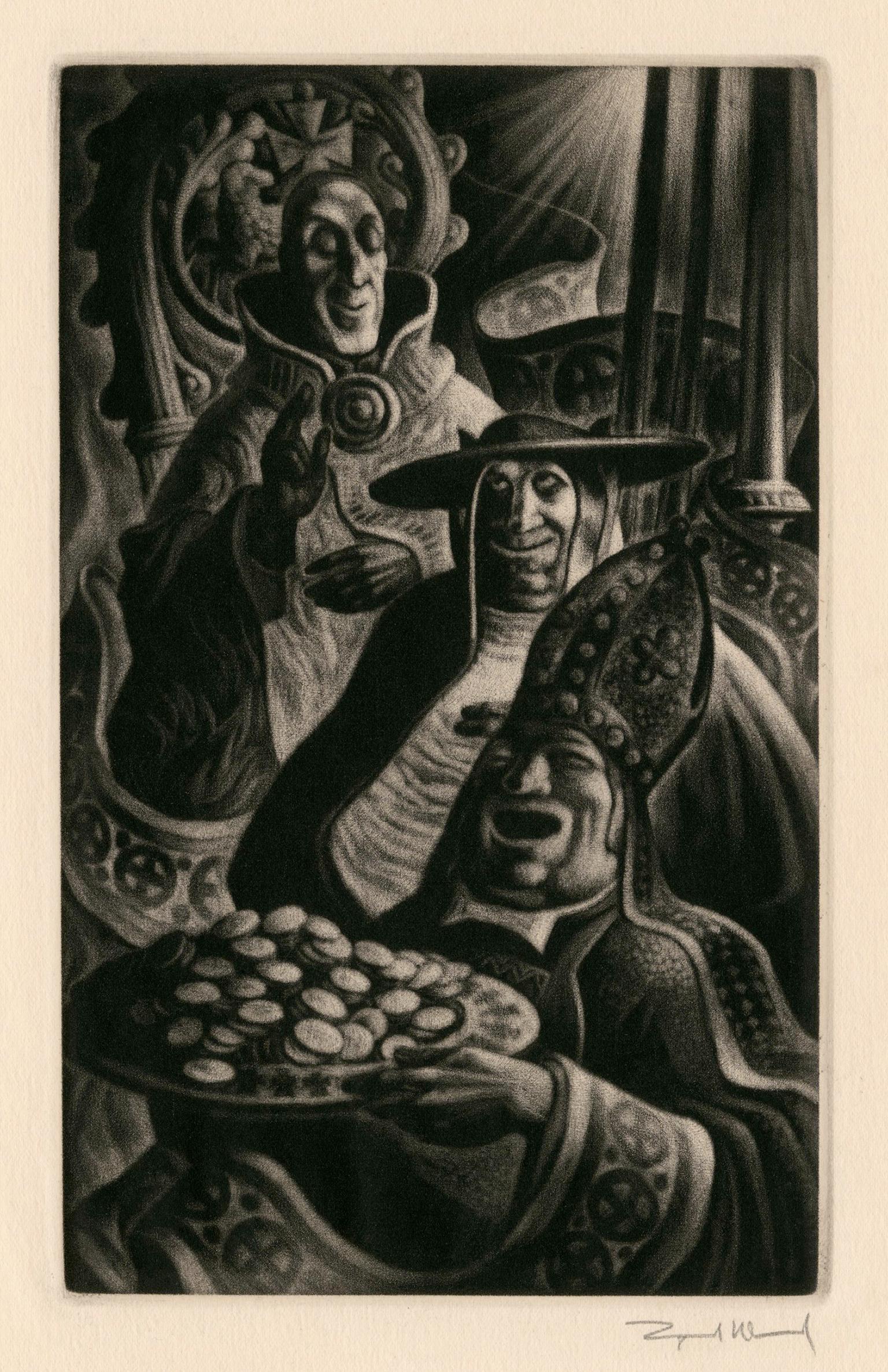 Figurative Print Lynd Ward - Pope", extrait de "In Praise of Folly" (Éloge de la folie) - Modernisme graphique des années 1940