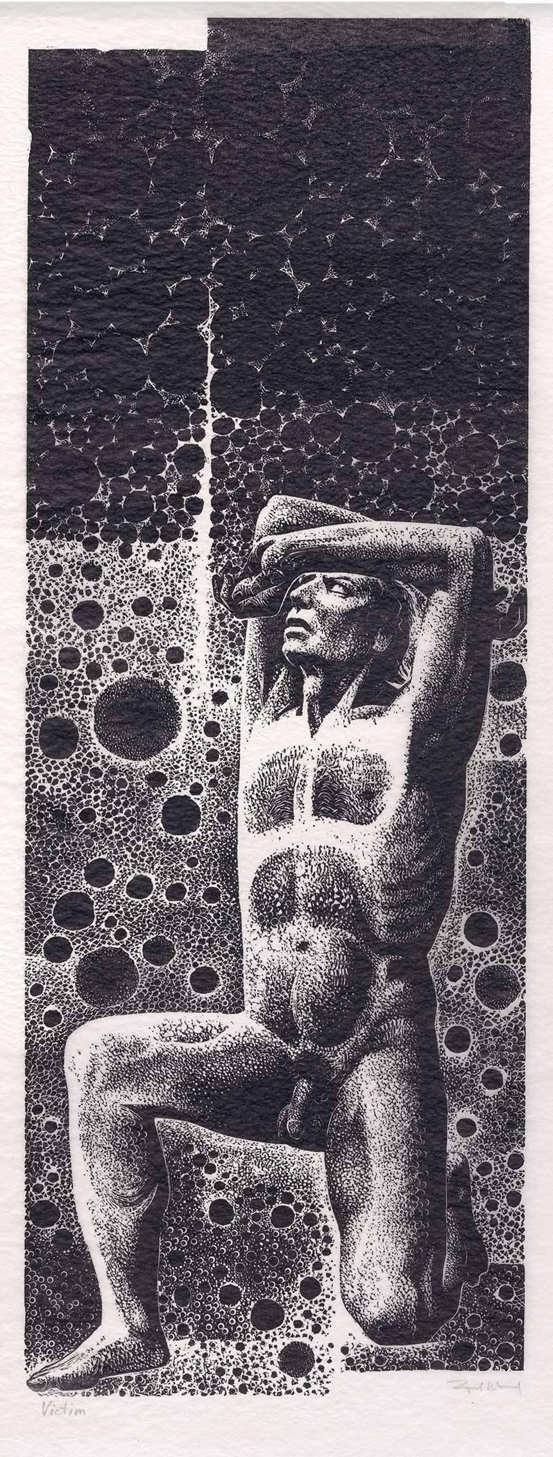 Lynd Ward Figurative Print - Victim (Nude Male Figure kneels with his arms on top his head)