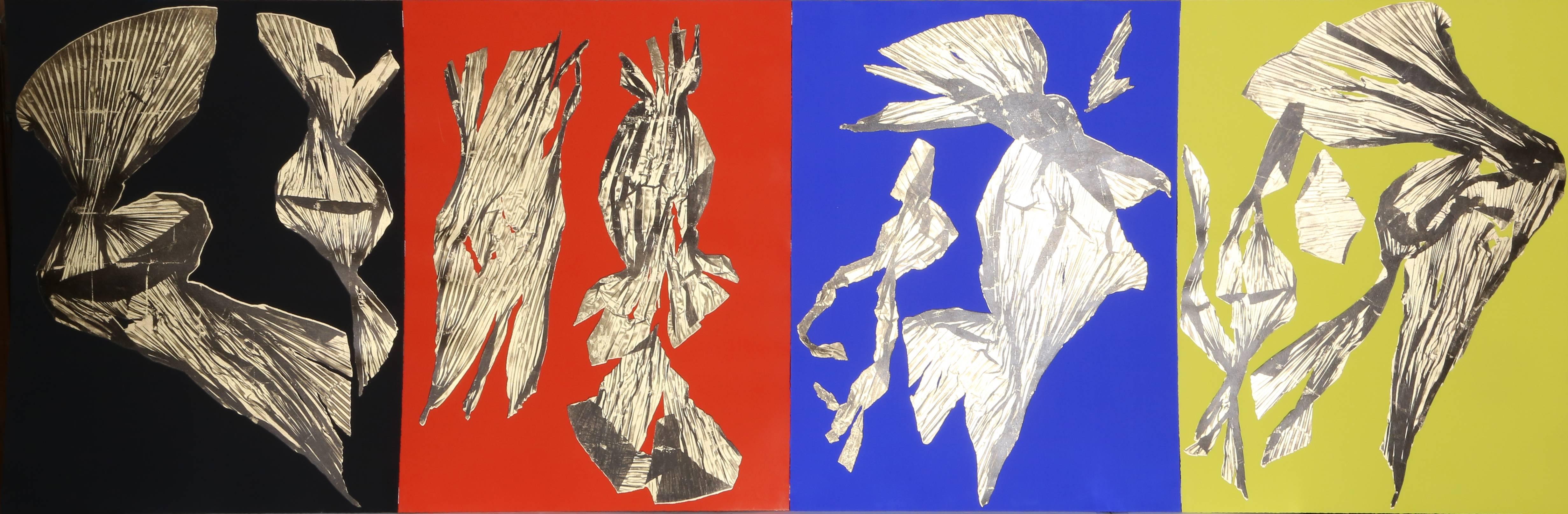 Artist: Lynda Benglis, American (b. 1941)
Title: Dual Nature (Quad)
Year: 1991
Medium: Four Lithographs with Gold Leaf on Hand Tinted Paper, signed and numbered verso
Edition: 25
Image Size: 31 x 24 inches (each sheet)
Size: 31  x 96 in. (78.74  x