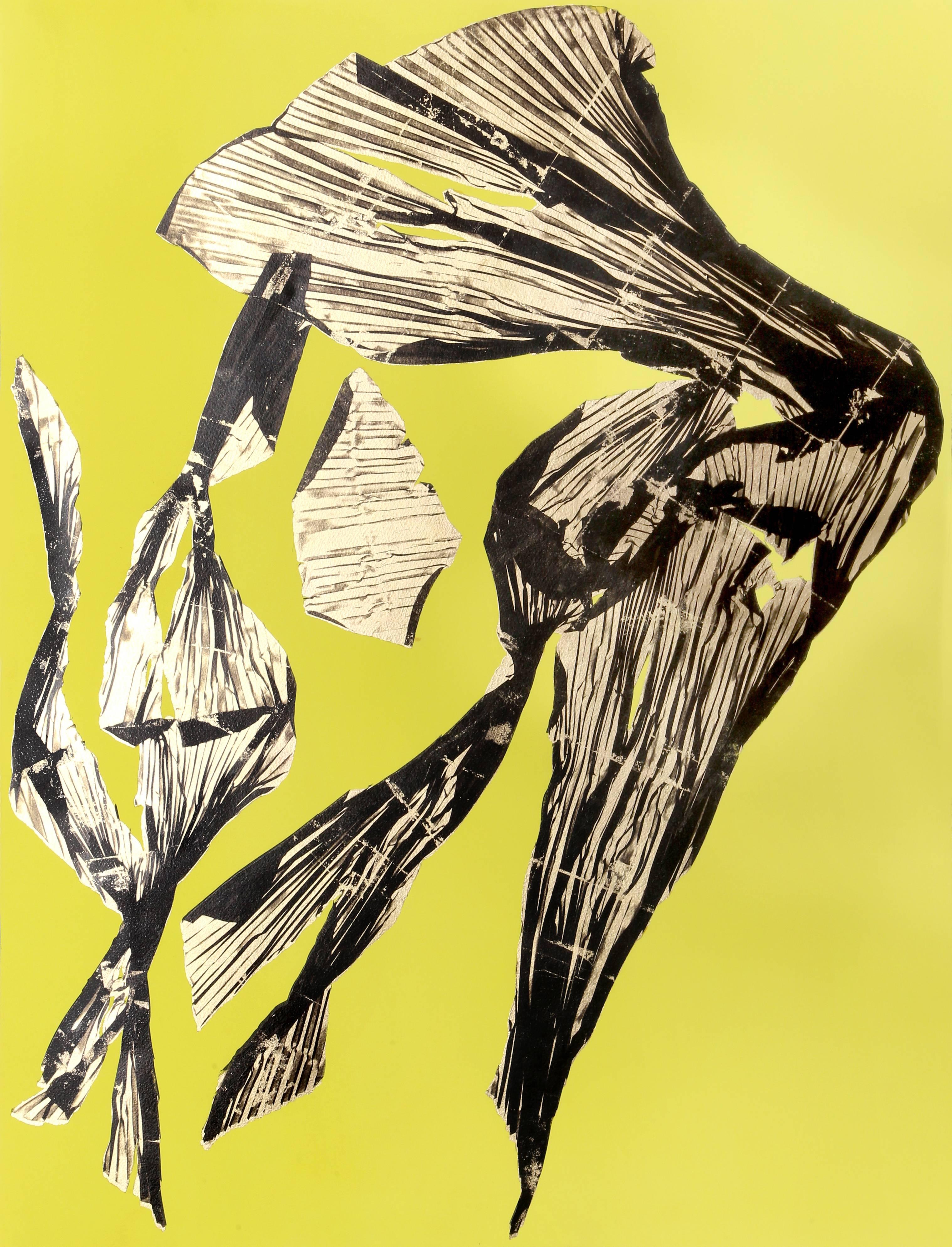 Dual Nature – Gelbe, abstrakte Lithographie mit Blattgold von Lynda Benglis