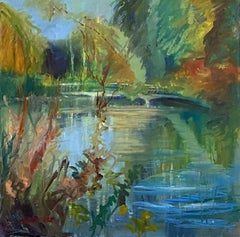 Lynda Minter, The Pond Turning to Autumn, Original Landscape Painting 