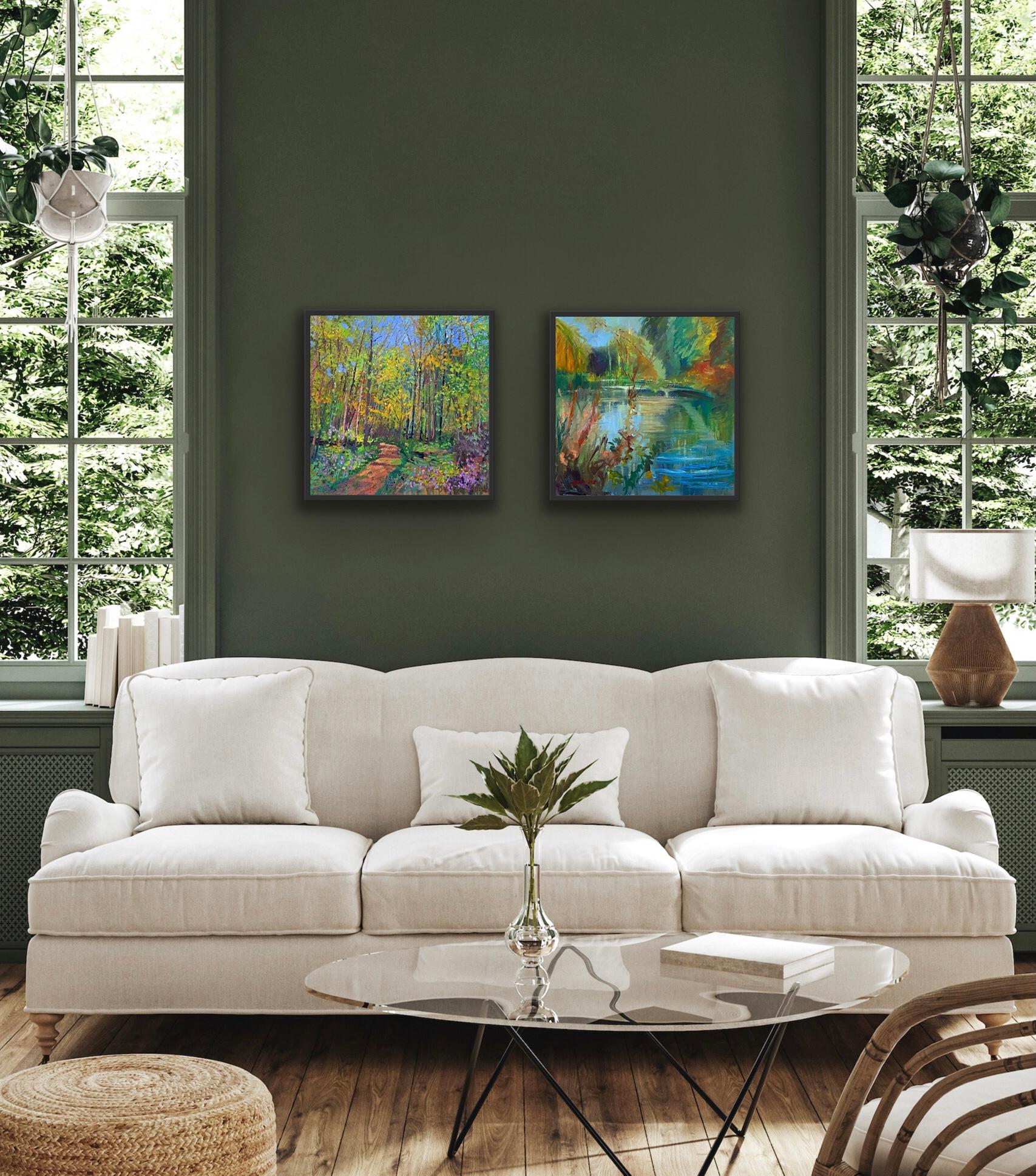 Spring is in the air and The Pond Turning to Autumn diptych - Impressionist Painting by Lynda Minter