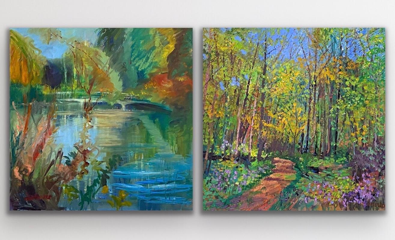 Lynda Minter Landscape Painting - Spring is in the air and The Pond Turning to Autumn diptych