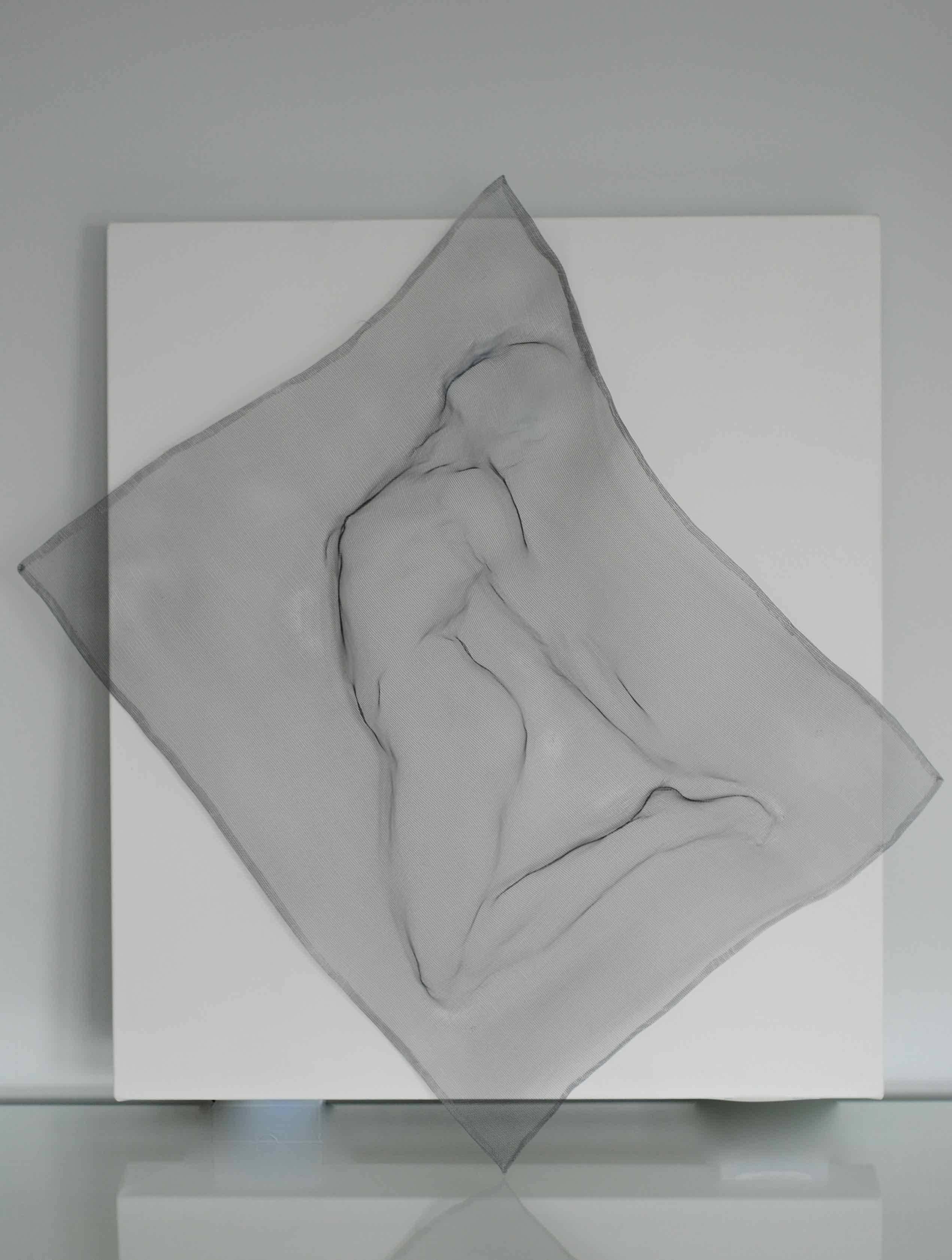 Lyndsey Keeling Figurative Sculpture - Reverie I: Metal mesh life sculpture, sewn onto white canvas